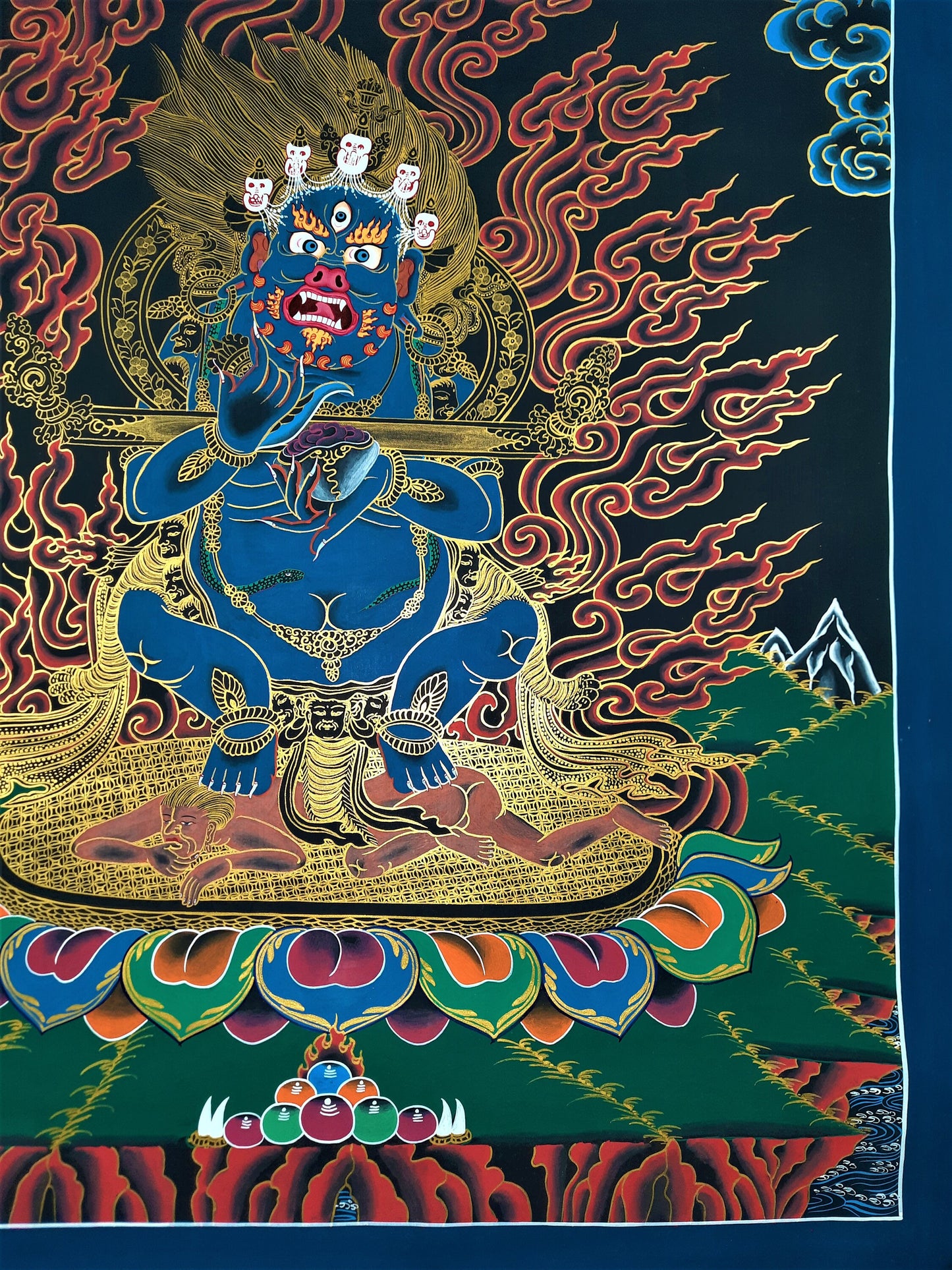 Original Hand Painted Masterpiece Two Armed Mahakala / Protector / Black-Cloaked Mahakala Tibetan Thangka / Thanka  Painting From Nepal