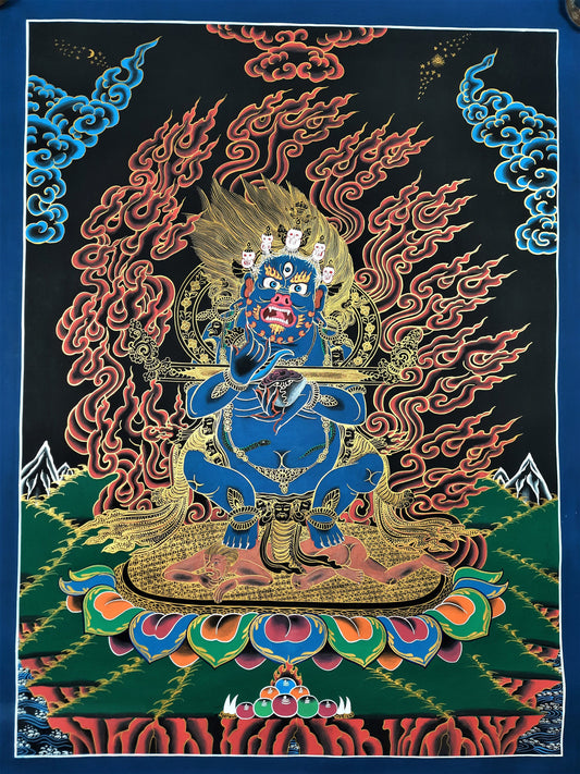 Original Hand Painted Masterpiece Two Armed Mahakala / Protector / Black-Cloaked Mahakala Tibetan Thangka / Thanka  Painting From Nepal