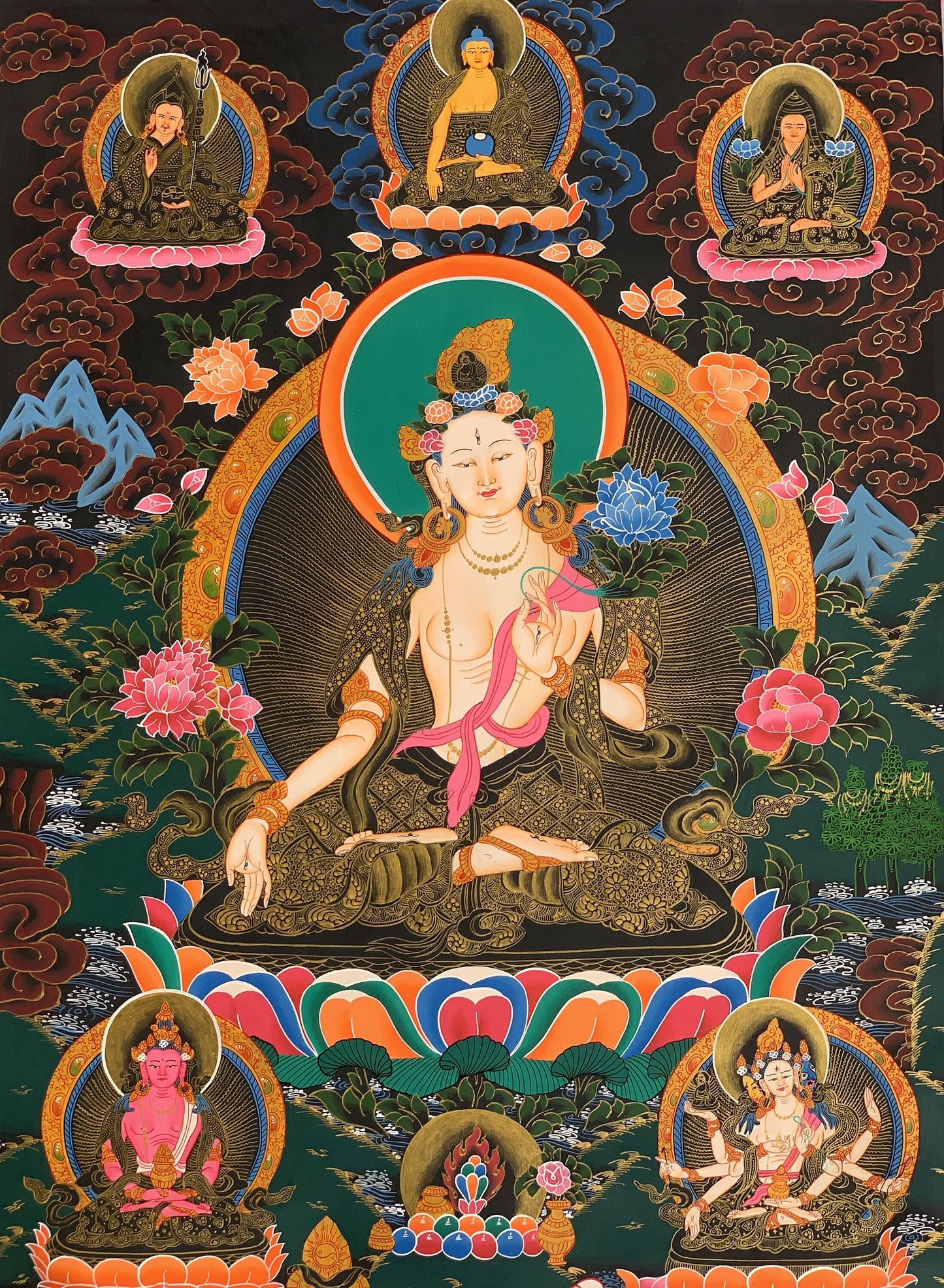 Hand painted Original White Tara / Mother Goddess Masterpiece Tibetan Thanka  / Thangka /  Painting Compassion Meditation Art From Nepal