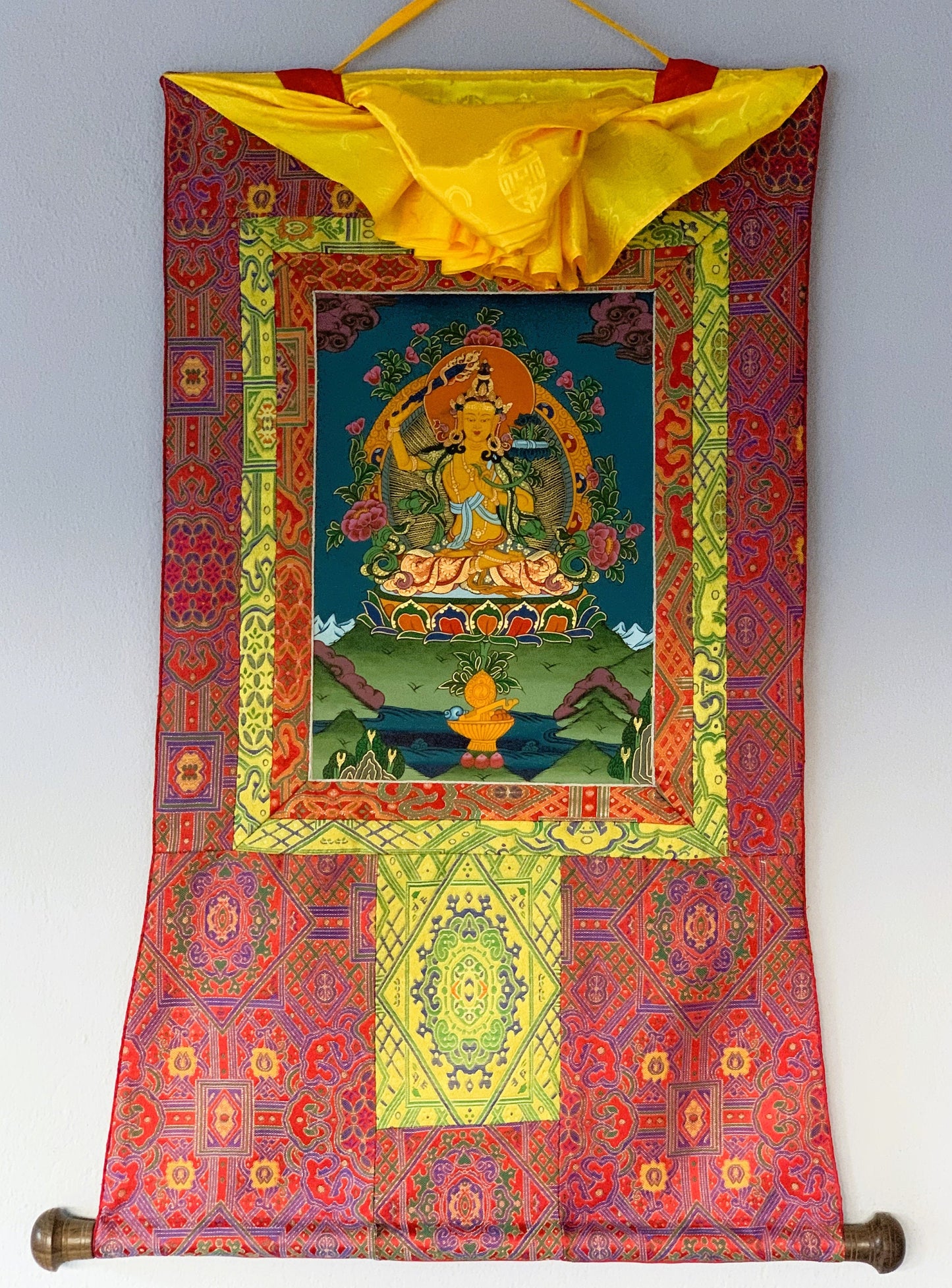 Hand-painted Master Quality Manjushri/ Manjushree,  God of Divine Wisdom, Original Tibetan Thangka Painting with Premium Silk Brocade