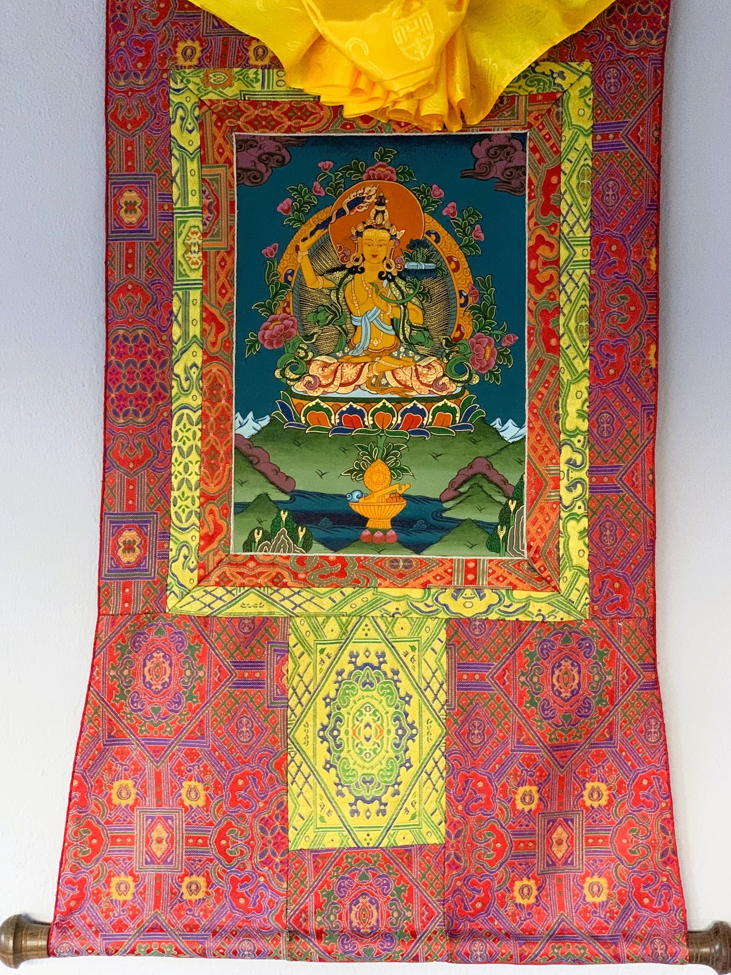 Hand-painted Master Quality Manjushri/ Manjushree,  God of Divine Wisdom, Original Tibetan Thangka Painting with Premium Silk Brocade