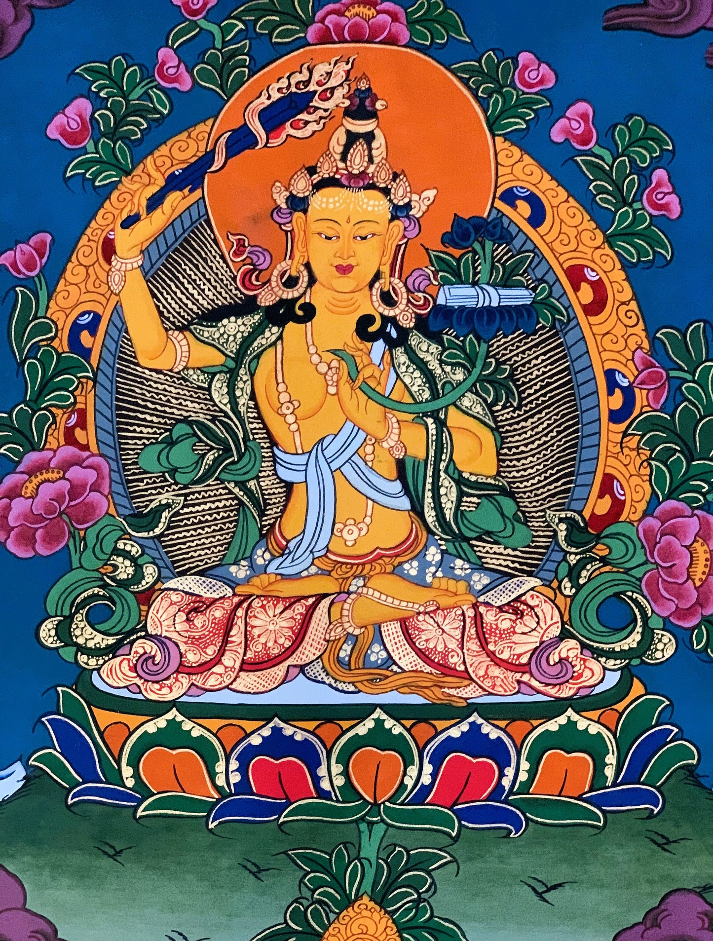 Hand-painted Master Quality Manjushri/ Manjushree,  God of Divine Wisdom, Original Tibetan Thangka Painting with Premium Silk Brocade