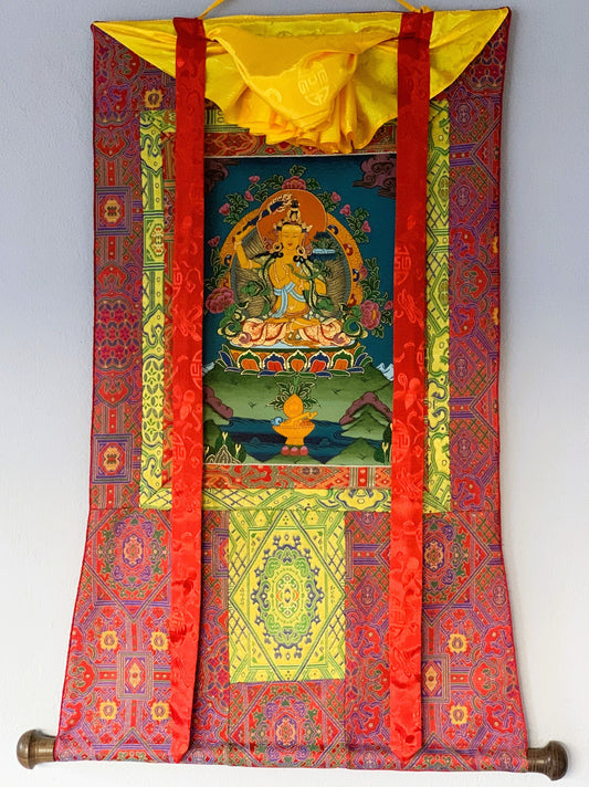 Hand-painted Master Quality Manjushri/ Manjushree,  God of Divine Wisdom, Original Tibetan Thangka Painting with Premium Silk Brocade