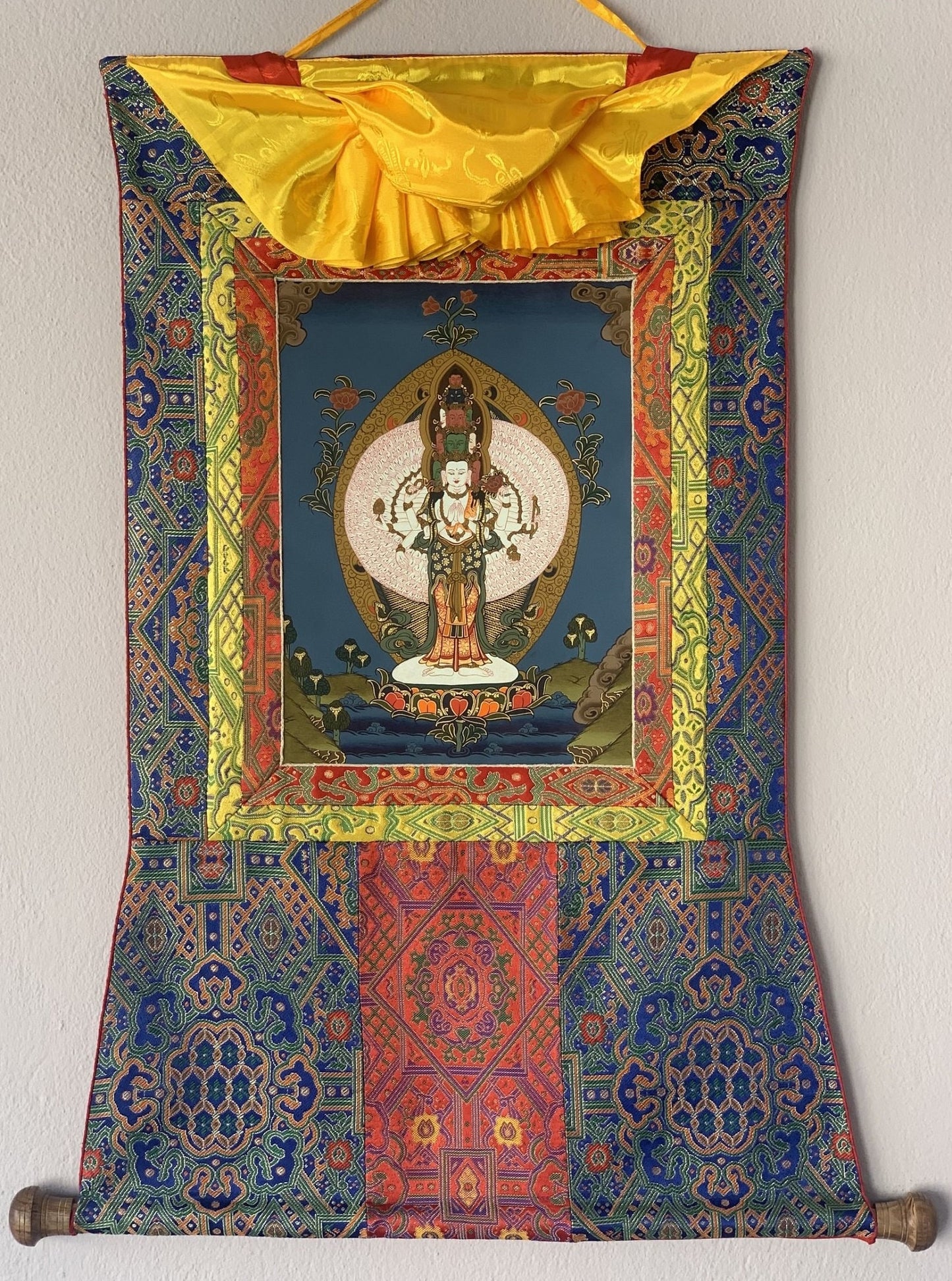 Hand-painted 1000 Armed Avalokiteshvara, Chenrezig, Original Tibetan Thangka Painting with Silk Brocade