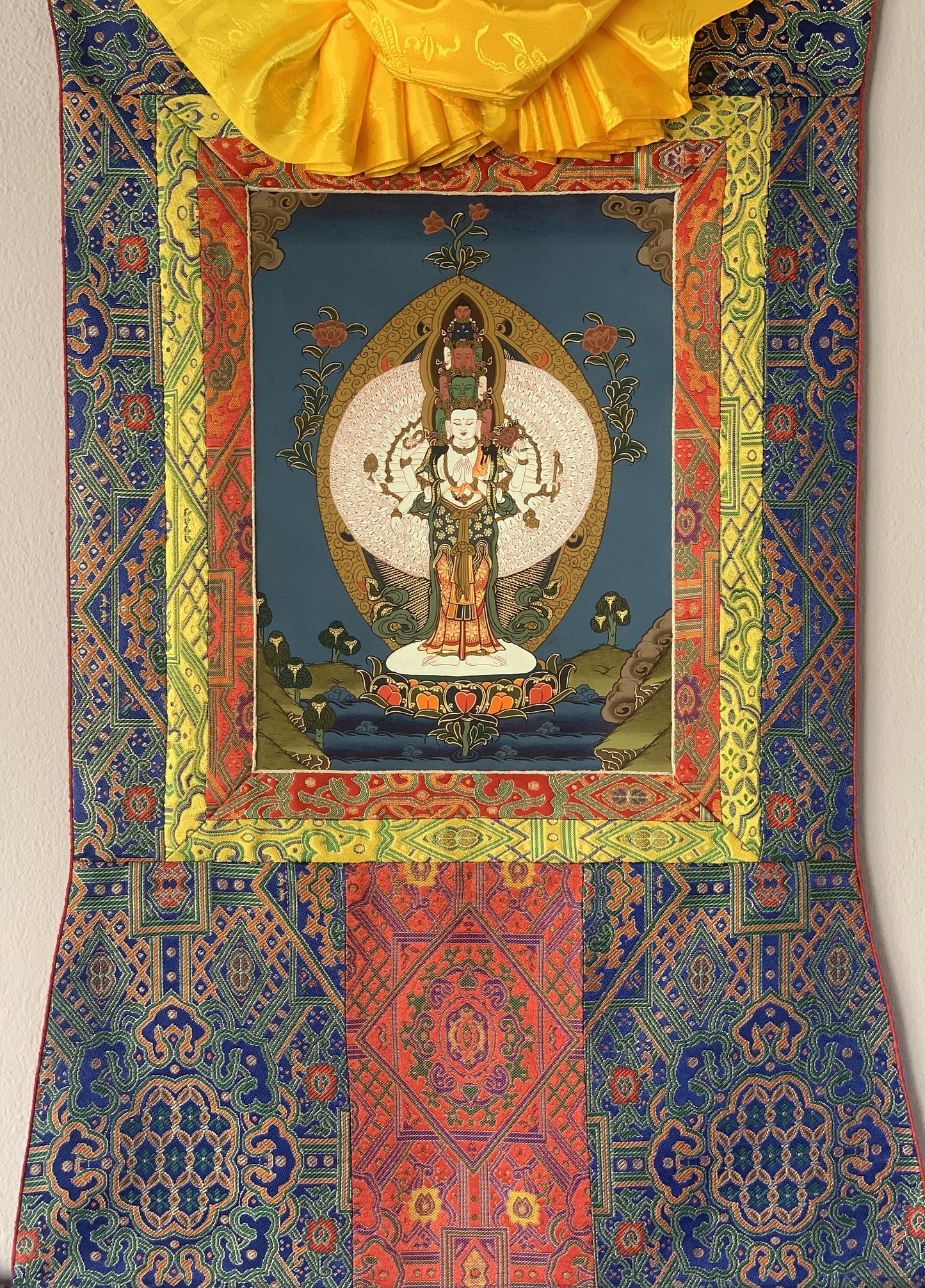 Hand-painted 1000 Armed Avalokiteshvara, Chenrezig, Original Tibetan Thangka Painting with Silk Brocade