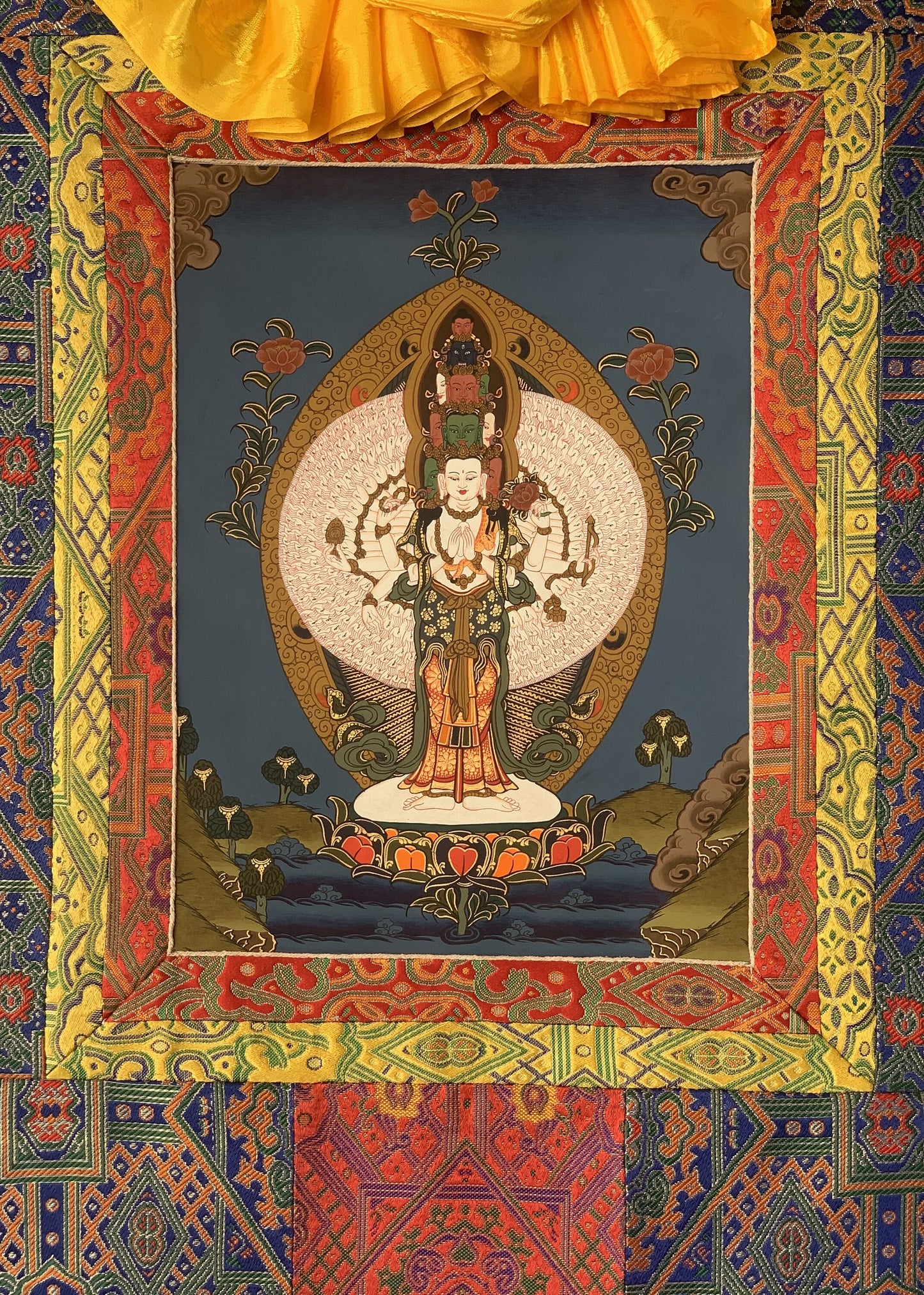 Hand-painted 1000 Armed Avalokiteshvara, Chenrezig, Original Tibetan Thangka Painting with Silk Brocade