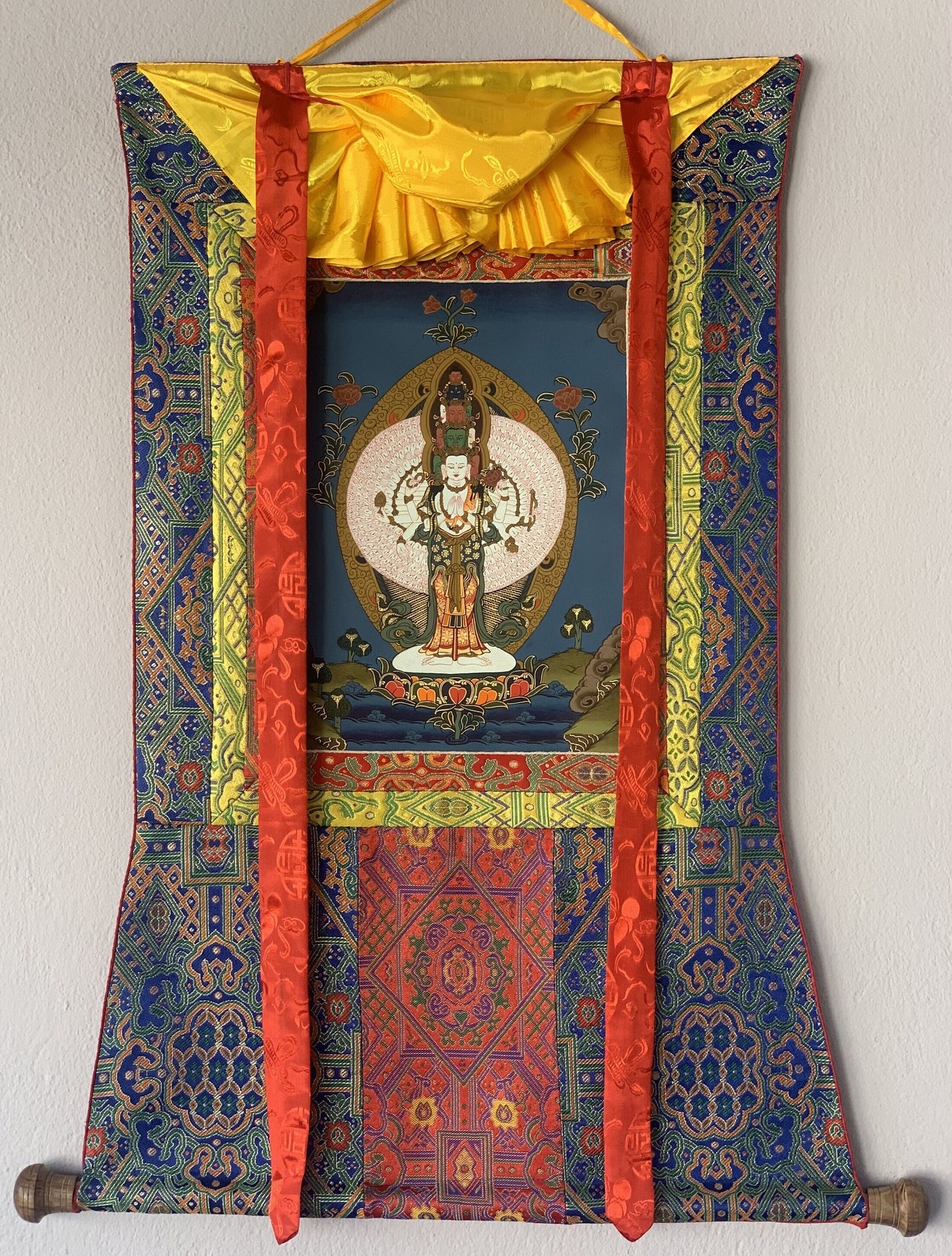 Hand-painted 1000 Armed Avalokiteshvara, Chenrezig, Original Tibetan Thangka Painting with Silk Brocade