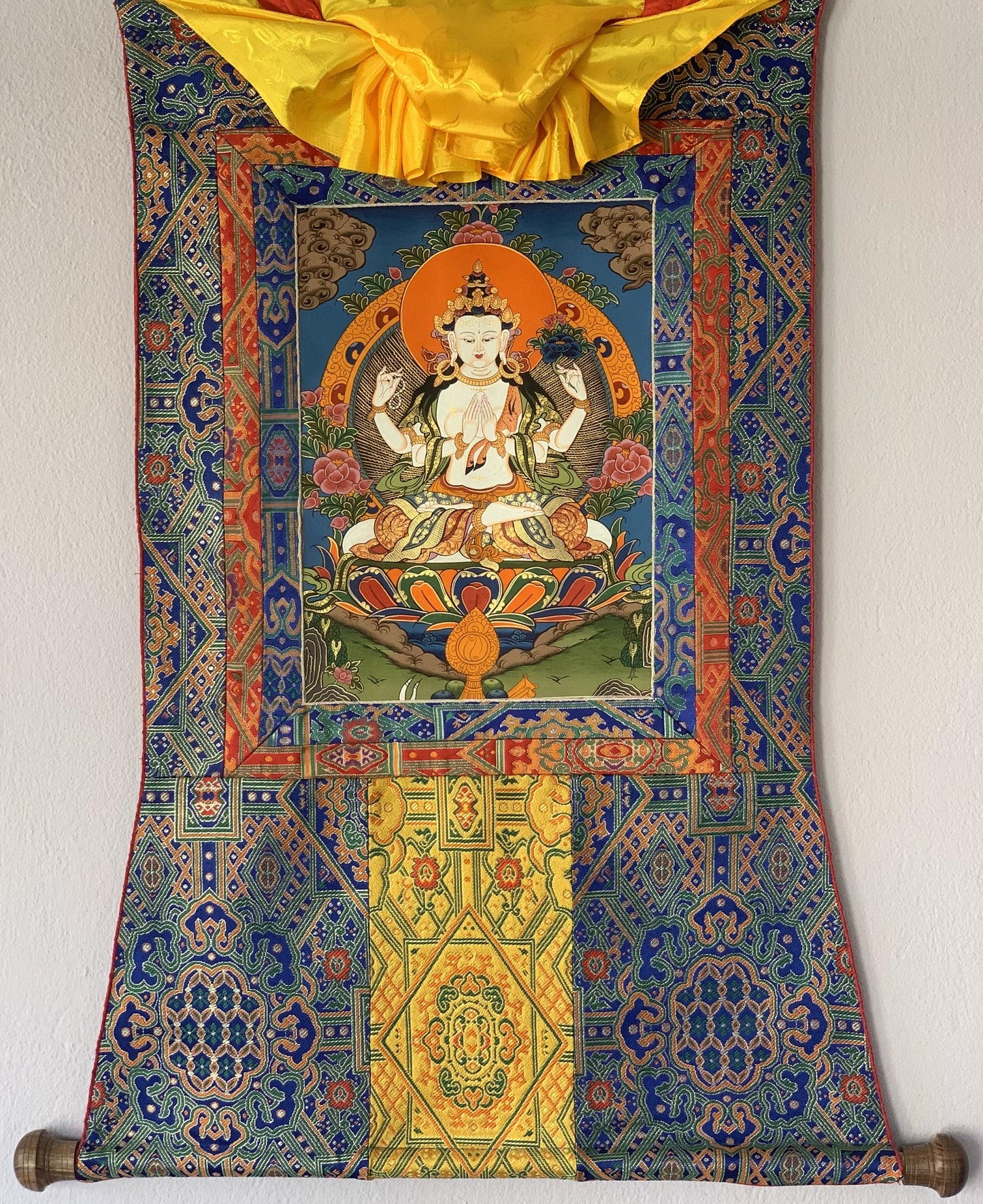 Hand-painted  4 Armed Chyangresi, Chengrezig, Avalokitesvara Original Tibetan Thangka Painting with Silk Brocade