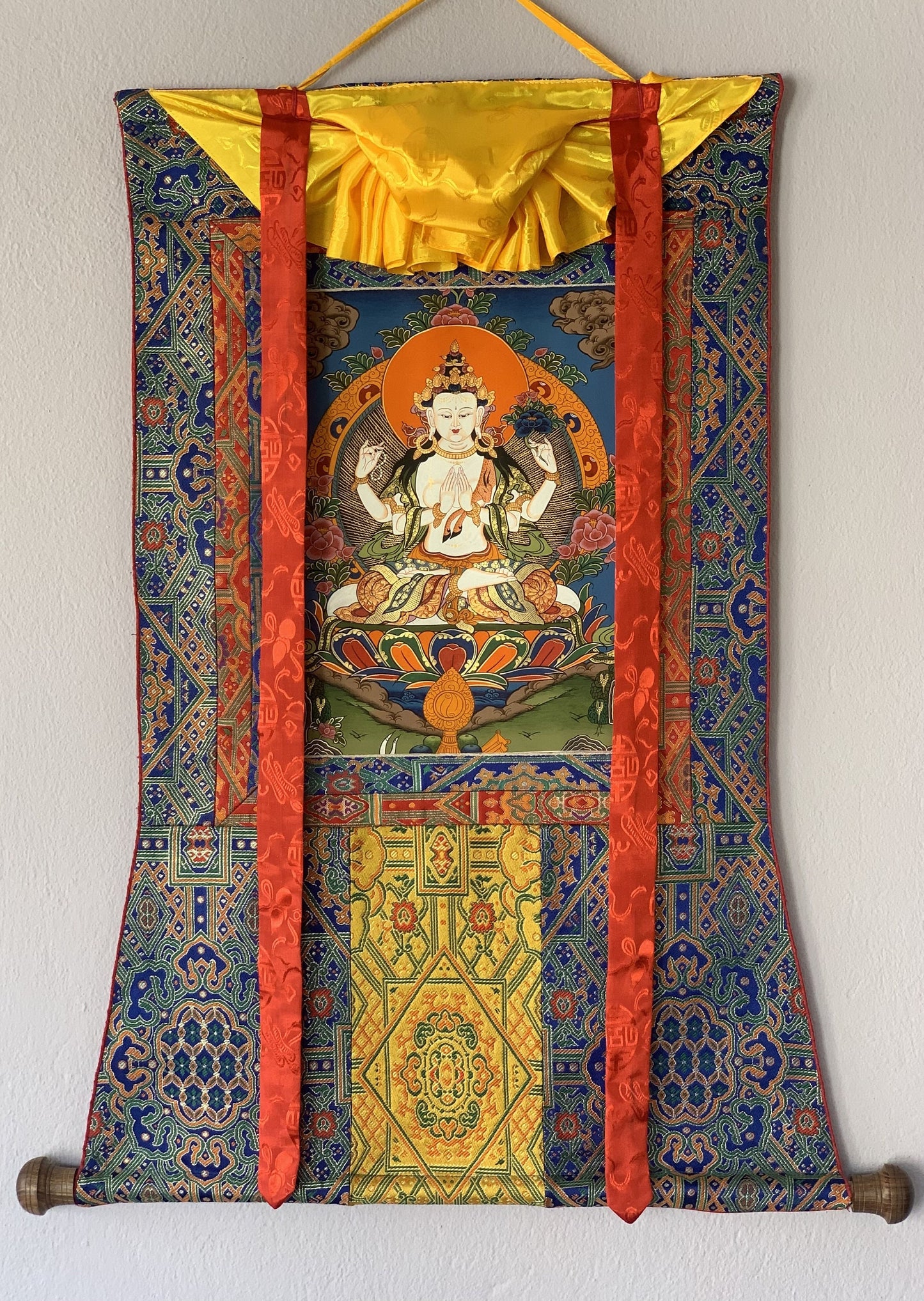 Hand-painted  4 Armed Chyangresi, Chengrezig, Avalokitesvara Original Tibetan Thangka Painting with Silk Brocade