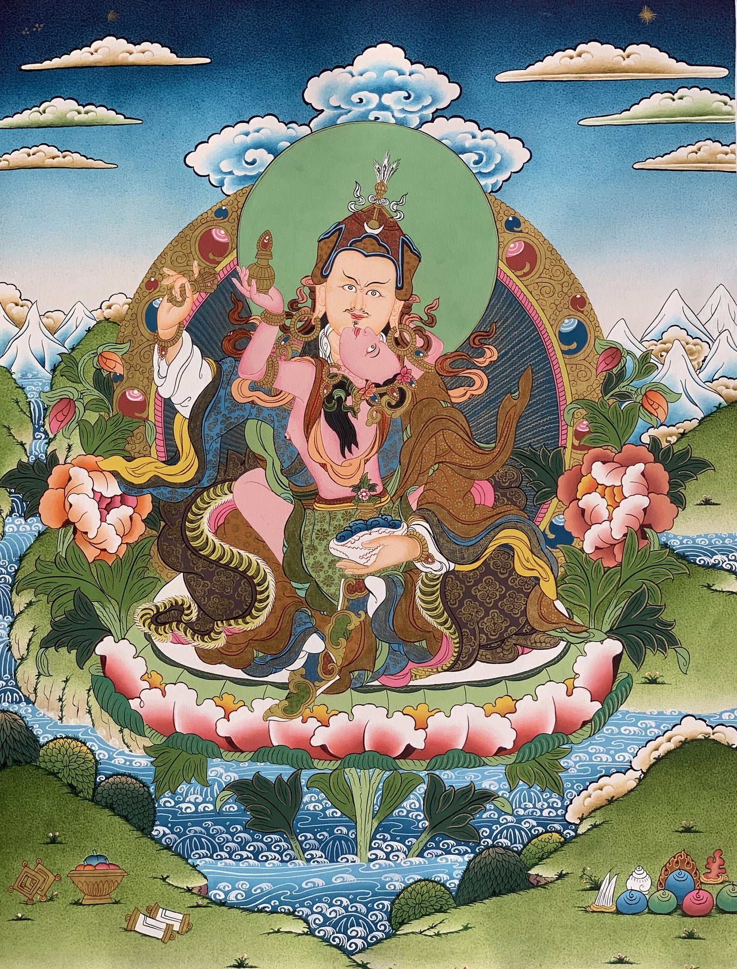 Original Hand-painted Master Quality Padmasambhava, Guru Shakti, Guru Rinpoche, With Consort Mandarava Tibetan Thangka Painting From Nepal