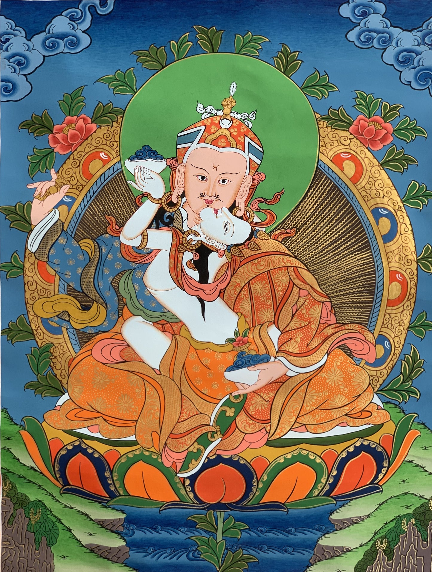 Hand-painted Padmasambhava, Guru Shakti, Guru Rinpoche, With Consort Mandarava Tibetan Thangka Painting 15 x 20-Inch