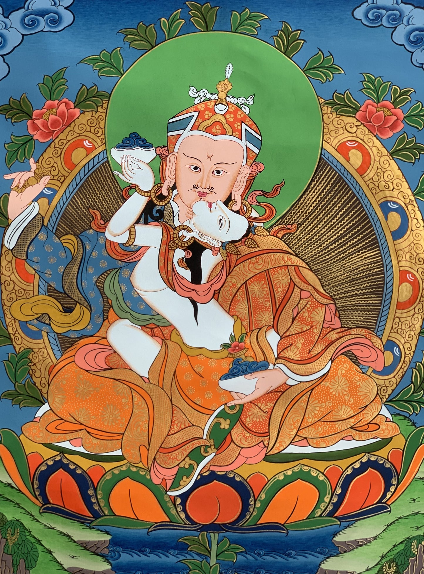 Hand-painted Padmasambhava, Guru Shakti, Guru Rinpoche, With Consort Mandarava Tibetan Thangka Painting 15 x 20-Inch