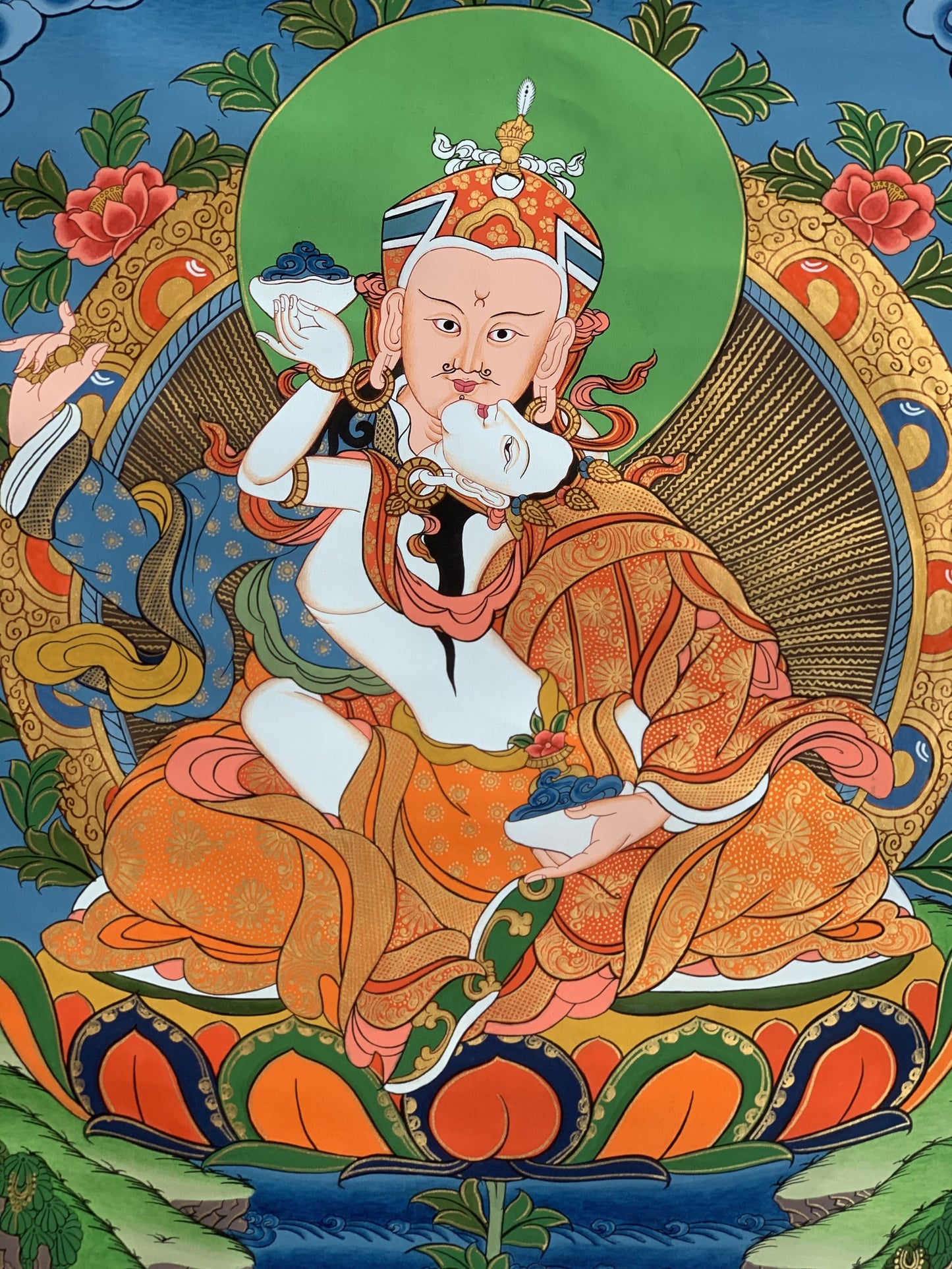 Hand-painted Padmasambhava, Guru Shakti, Guru Rinpoche, With Consort Mandarava Tibetan Thangka Painting 15 x 20-Inch