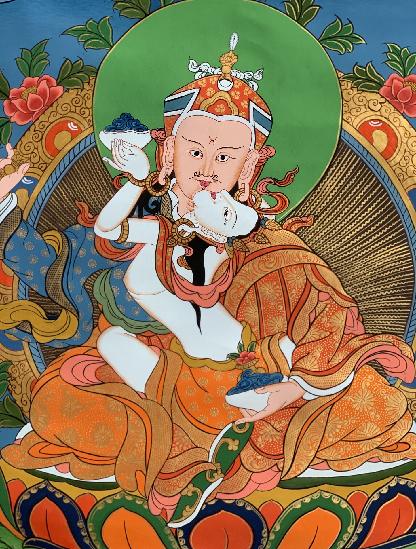 Hand-painted Padmasambhava, Guru Shakti, Guru Rinpoche, With Consort Mandarava Tibetan Thangka Painting 15 x 20-Inch