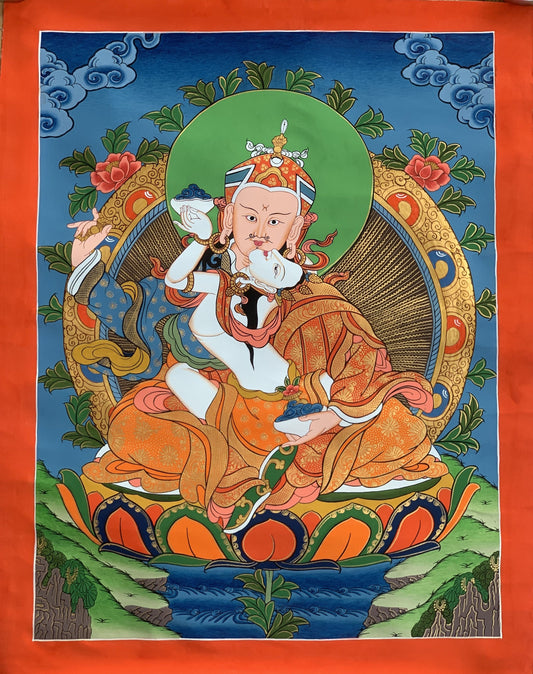 Hand-painted Padmasambhava, Guru Shakti, Guru Rinpoche, With Consort Mandarava Tibetan Thangka Painting 15 x 20-Inch