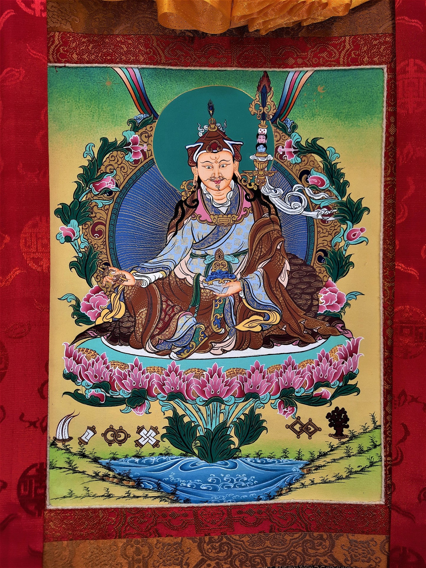 Original Hand Painted  Guru Rinpoche Padmasambhava Masterpiece 24k Gold Tibetan Thangka / Thanka  Painting With High Quality Silk Framed