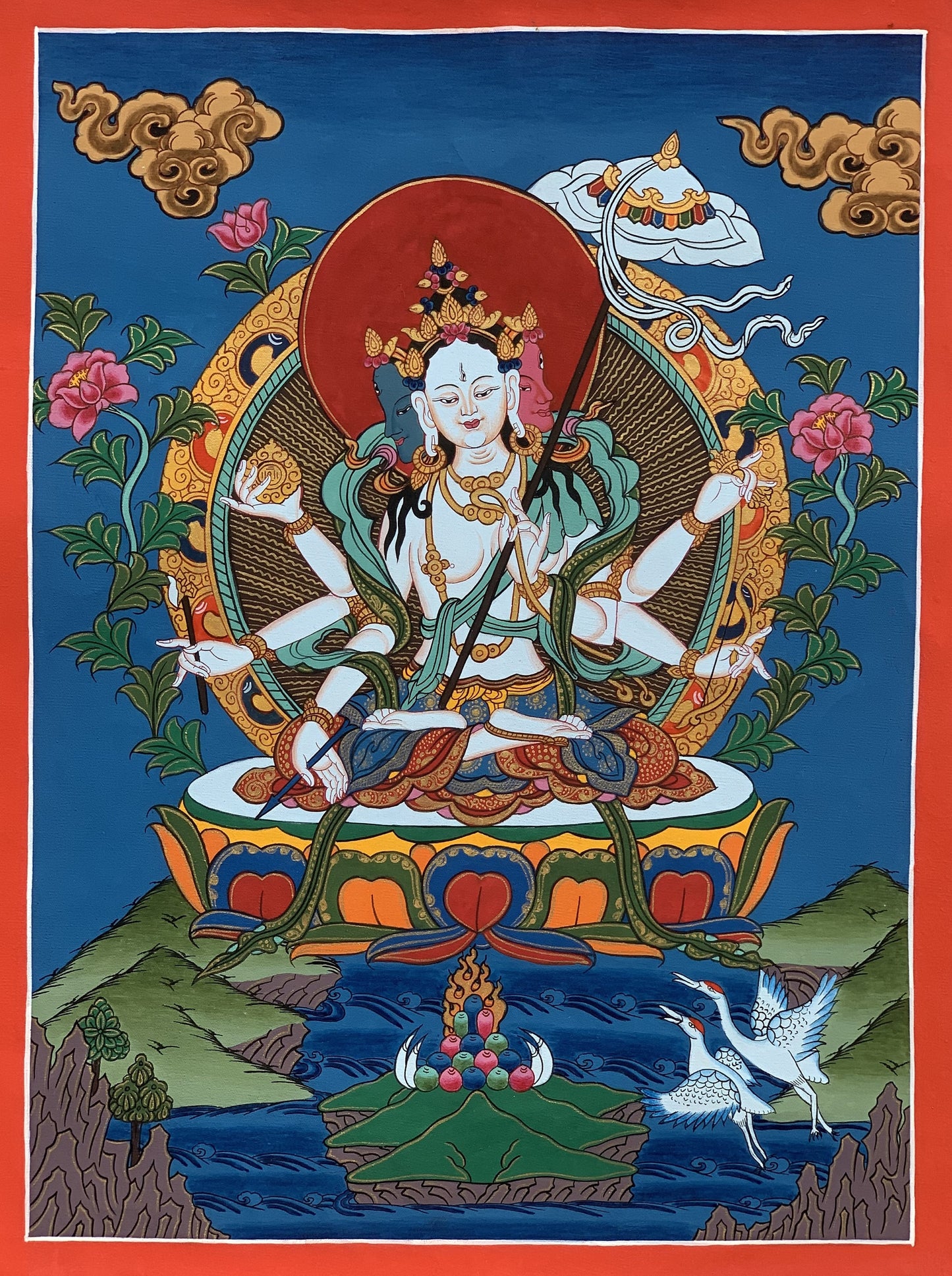 Hand-painted  Sitatapatra, Dukar, Dhukar, Lady of the White Umbrella, Original Tibetan Thangka Painting/Wall Hanging