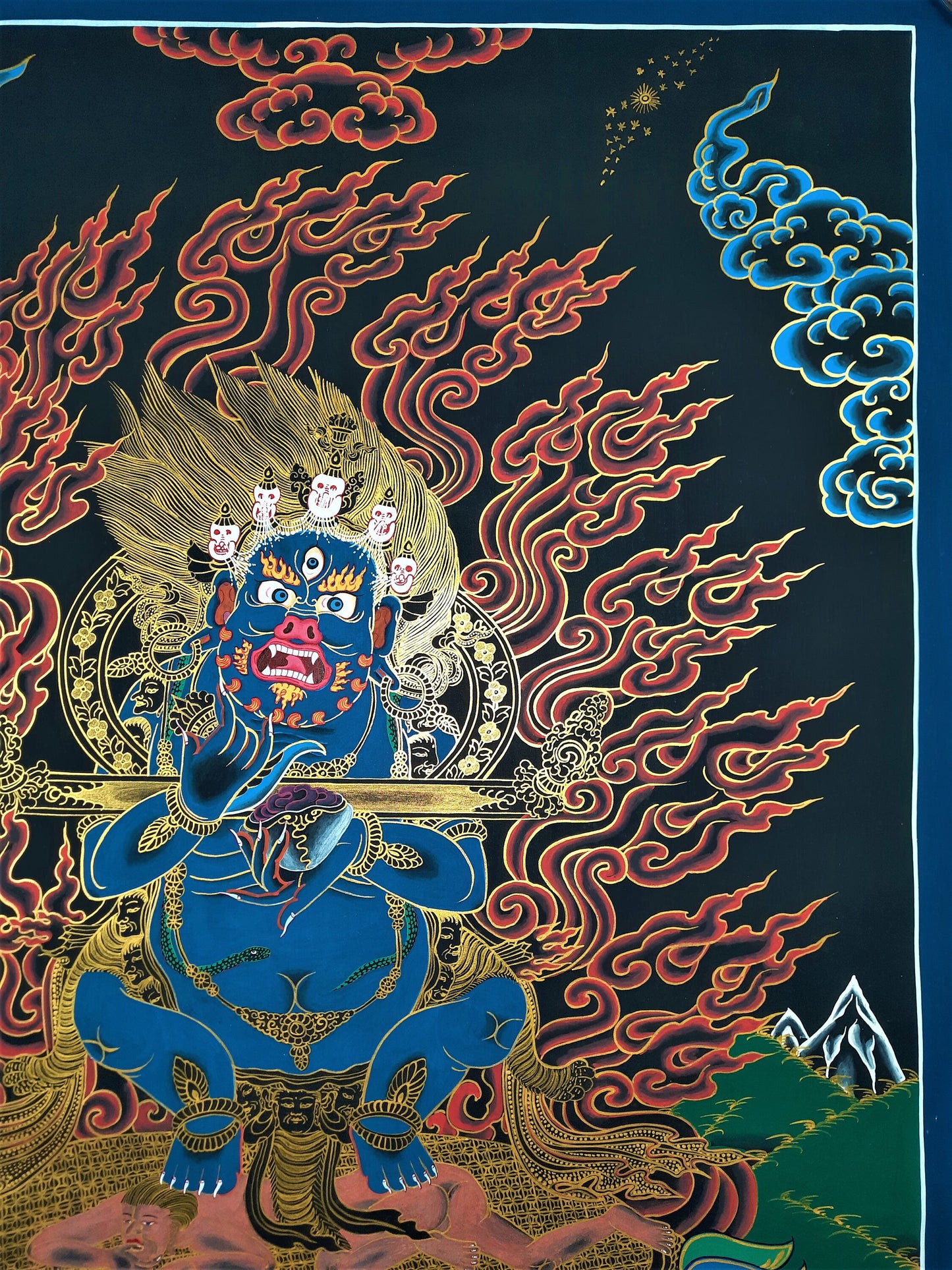 Original Hand Painted Masterpiece Two Armed Mahakala / Protector / Black-Cloaked Mahakala Tibetan Thangka / Thanka  Painting From Nepal