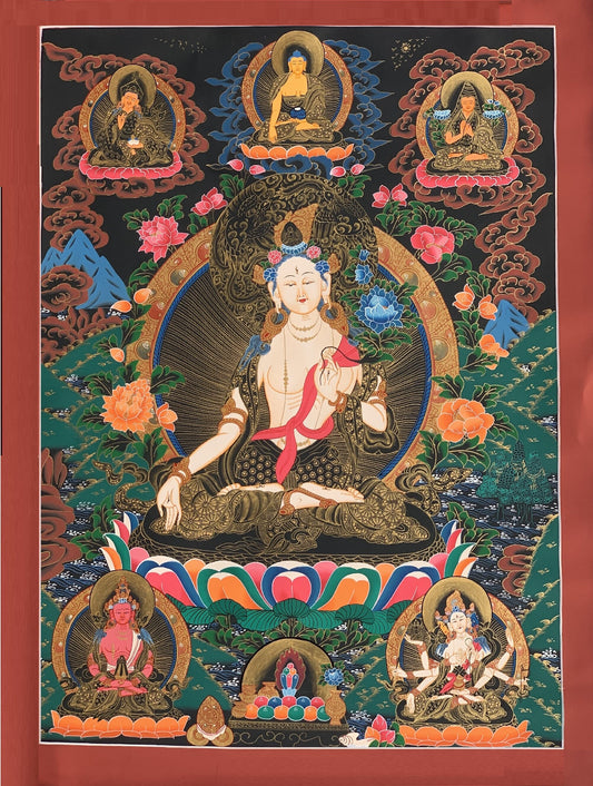 Hand painted Original White Tara / Mother Goddess Masterpiece Painting Tibetan Thanka  / Thangka / Compassion Meditation Art From Nepal