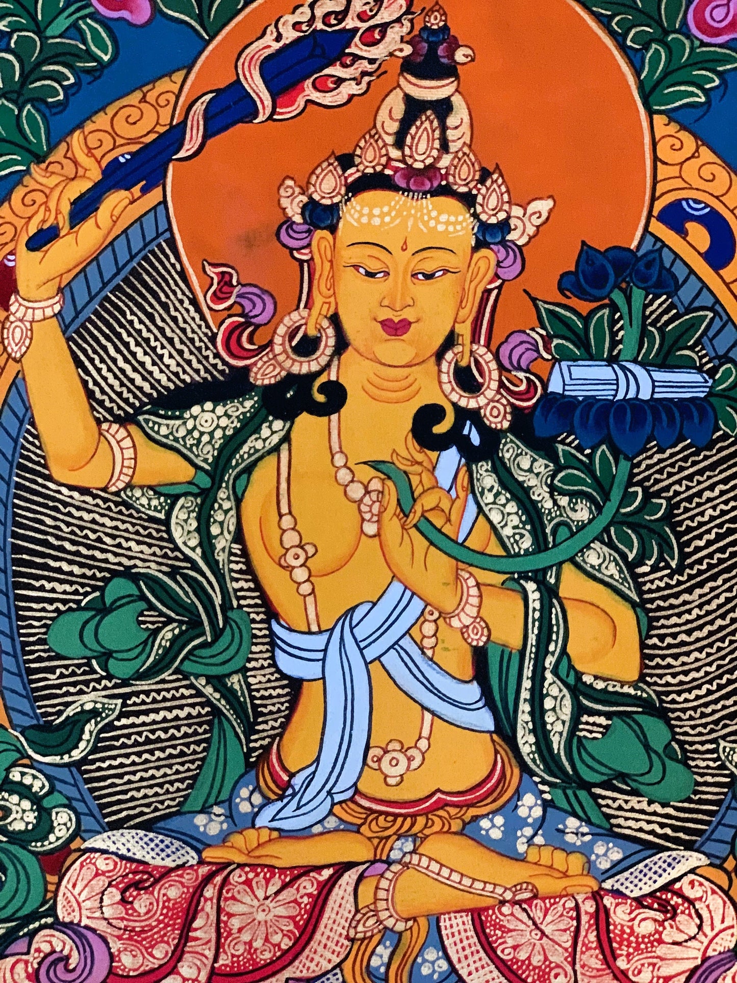 Hand-painted Master Quality Manjushri/ Manjushree,  God of Divine Wisdom, Original Tibetan Thangka Painting with Premium Silk Brocade