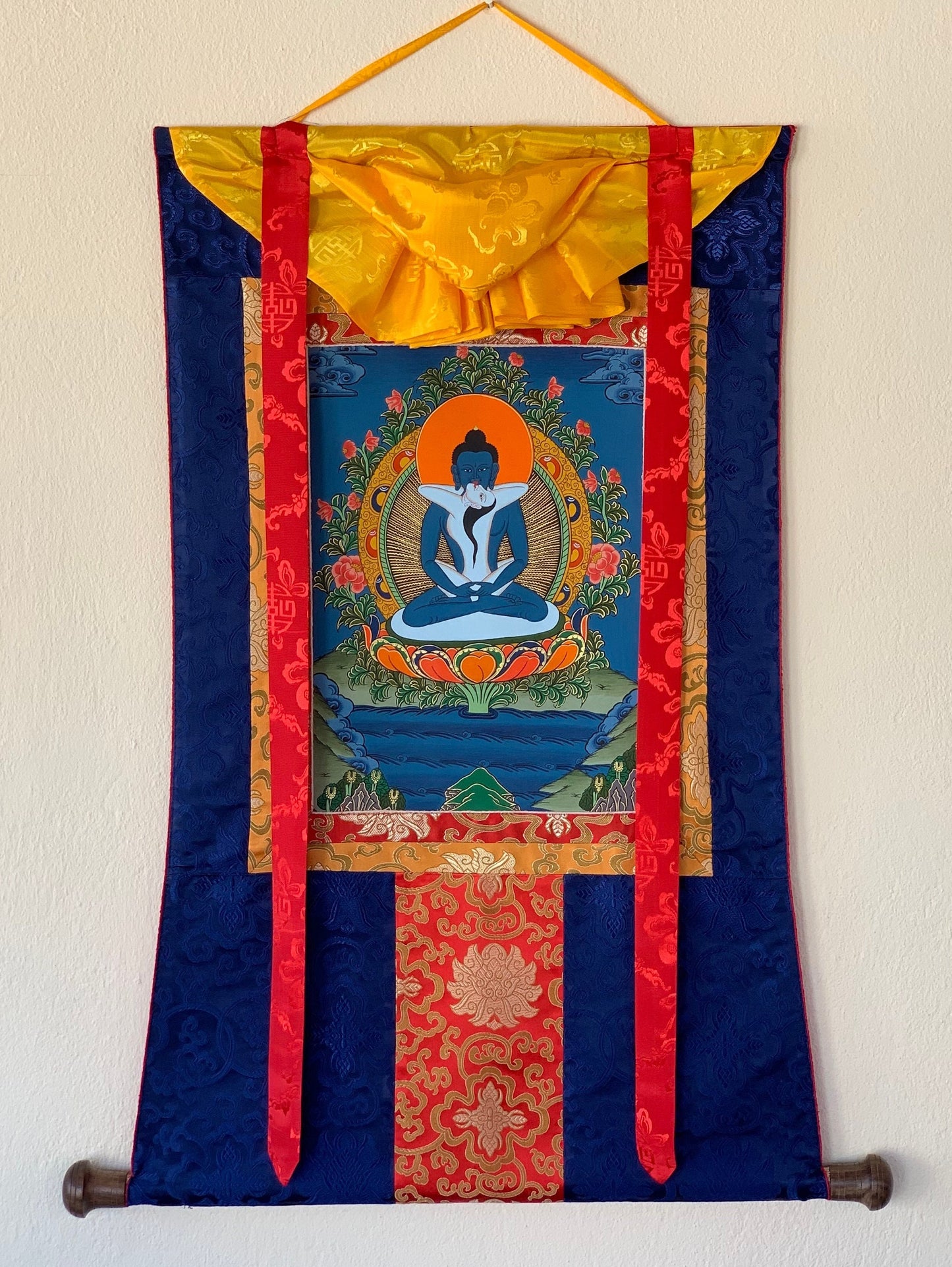 Original Hand-painted Buddha Shakti/ Samantabhadra Tibetan Thangka Painting with Silk Brocade