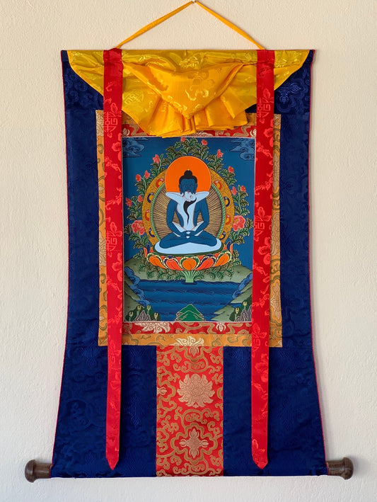 Original Hand-painted Buddha Shakti/ Samantabhadra Tibetan Thangka Painting with Silk Brocade