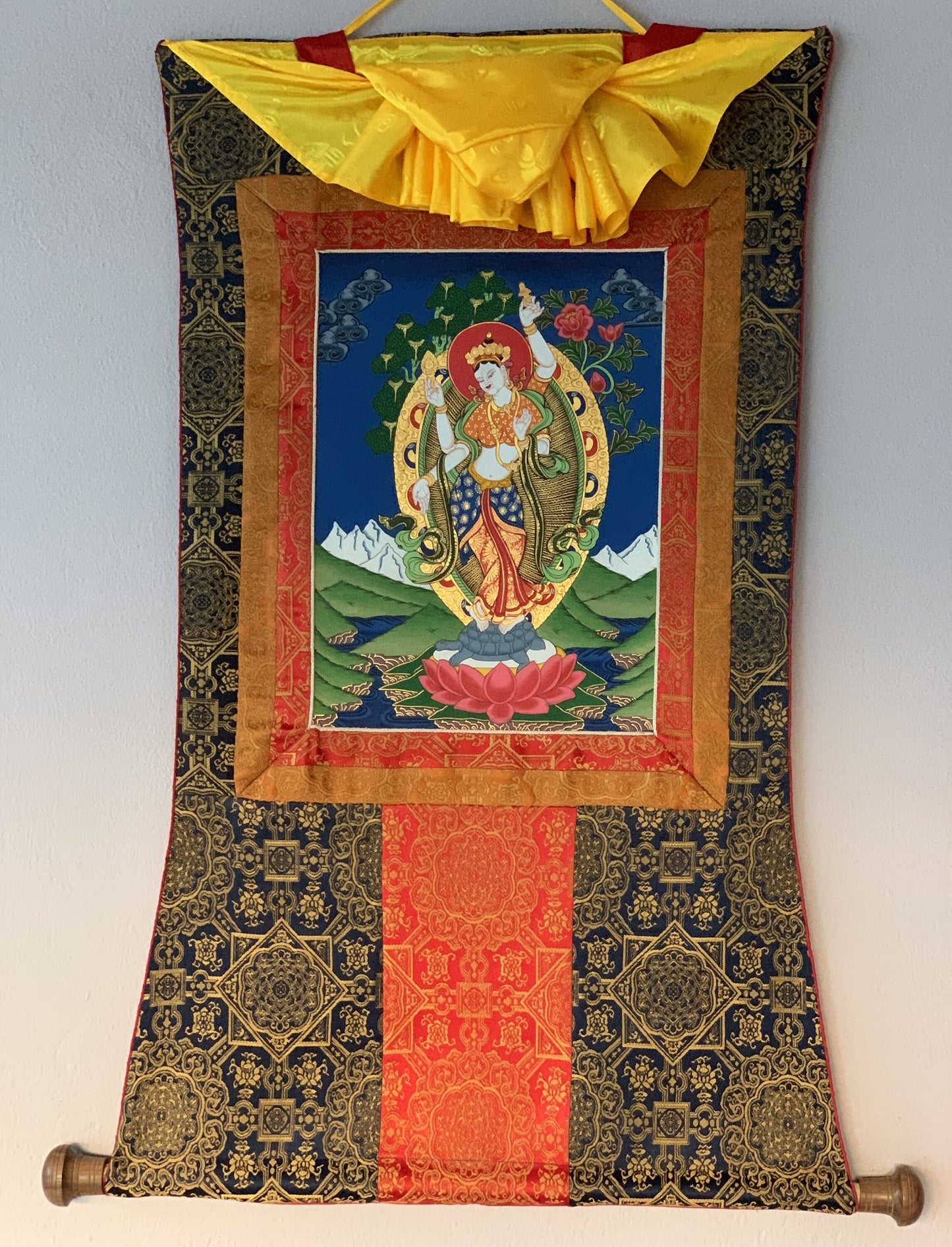 Original Hand Painted Standing Laxmi / Hindu Goddess Of Wealth Thangka / Thanka Painting Bordered With Premium Silk From Nepal