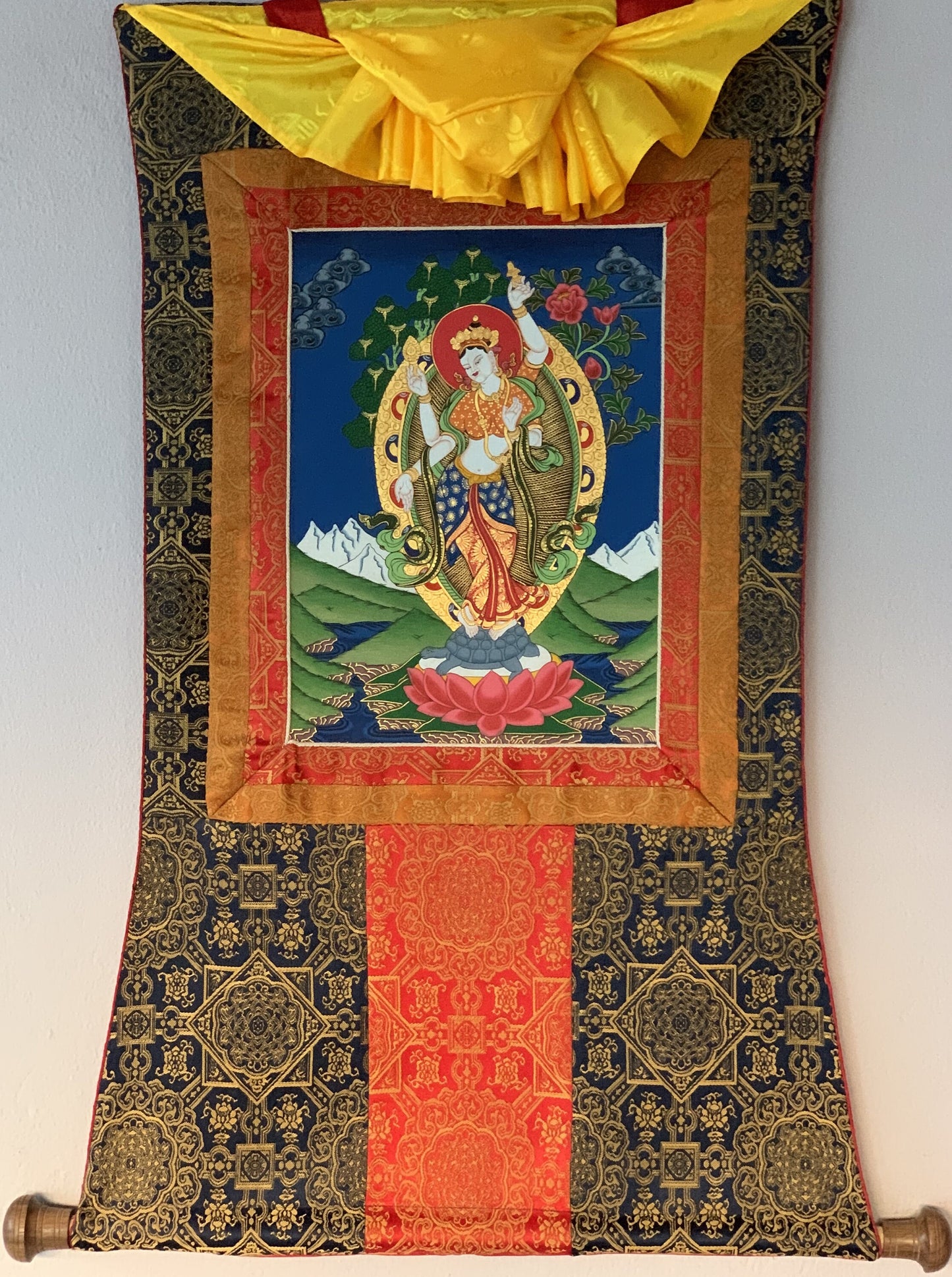 Original Hand Painted Standing Laxmi / Hindu Goddess Of Wealth Thangka / Thanka Painting Bordered With Premium Silk From Nepal