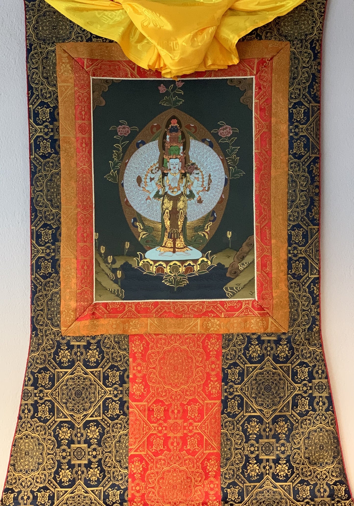 Original Hand Painted 1000 Armed AVALOKITESHVARA / Lokeshwor/ Master Quality Tibetan Thangka / Thanka  Painting With Premium Silk Brocade