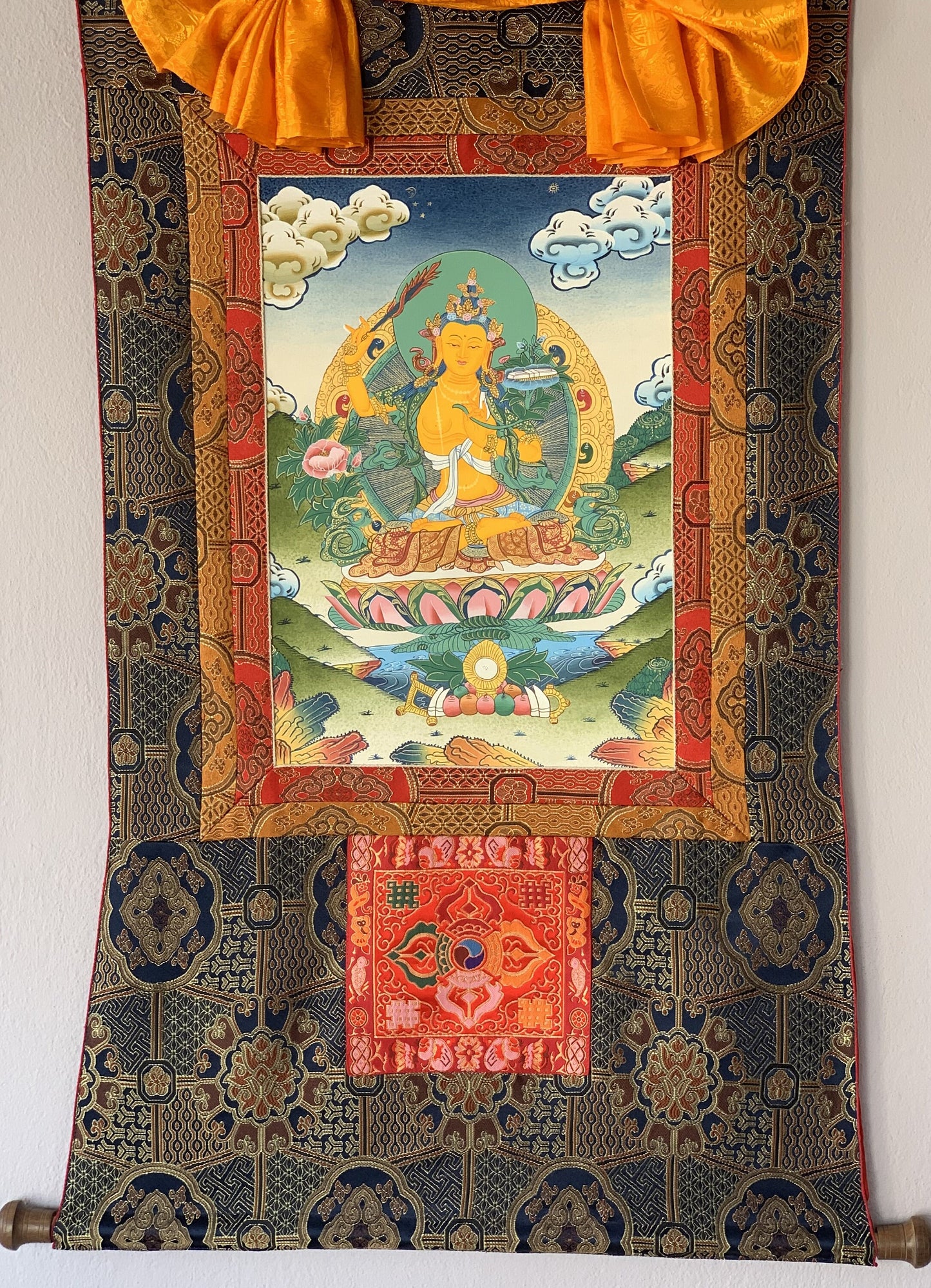 Hand painted Original Master Quality  Manjushree / Jampelyang/ God Of Wisdom Tibetan Thanka / Thangka / Painting  With Silk Brocade