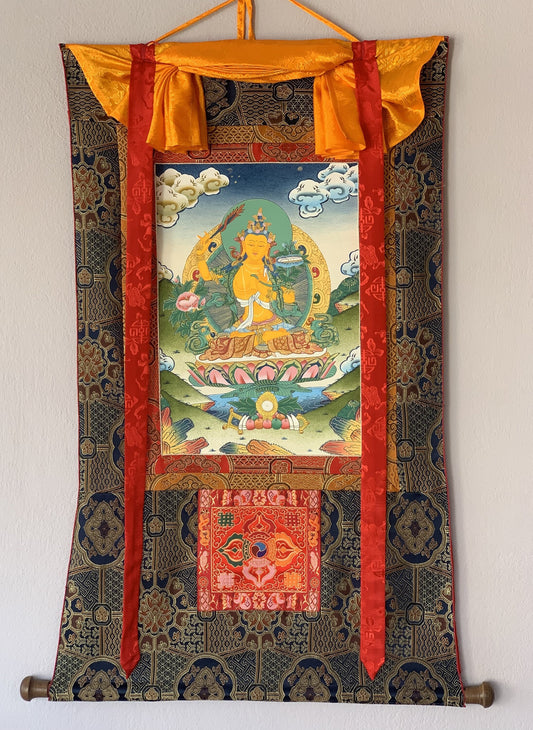 Hand painted Original Master Quality  Manjushree / Jampelyang/ God Of Wisdom Tibetan Thanka / Thangka / Painting  With Silk Brocade