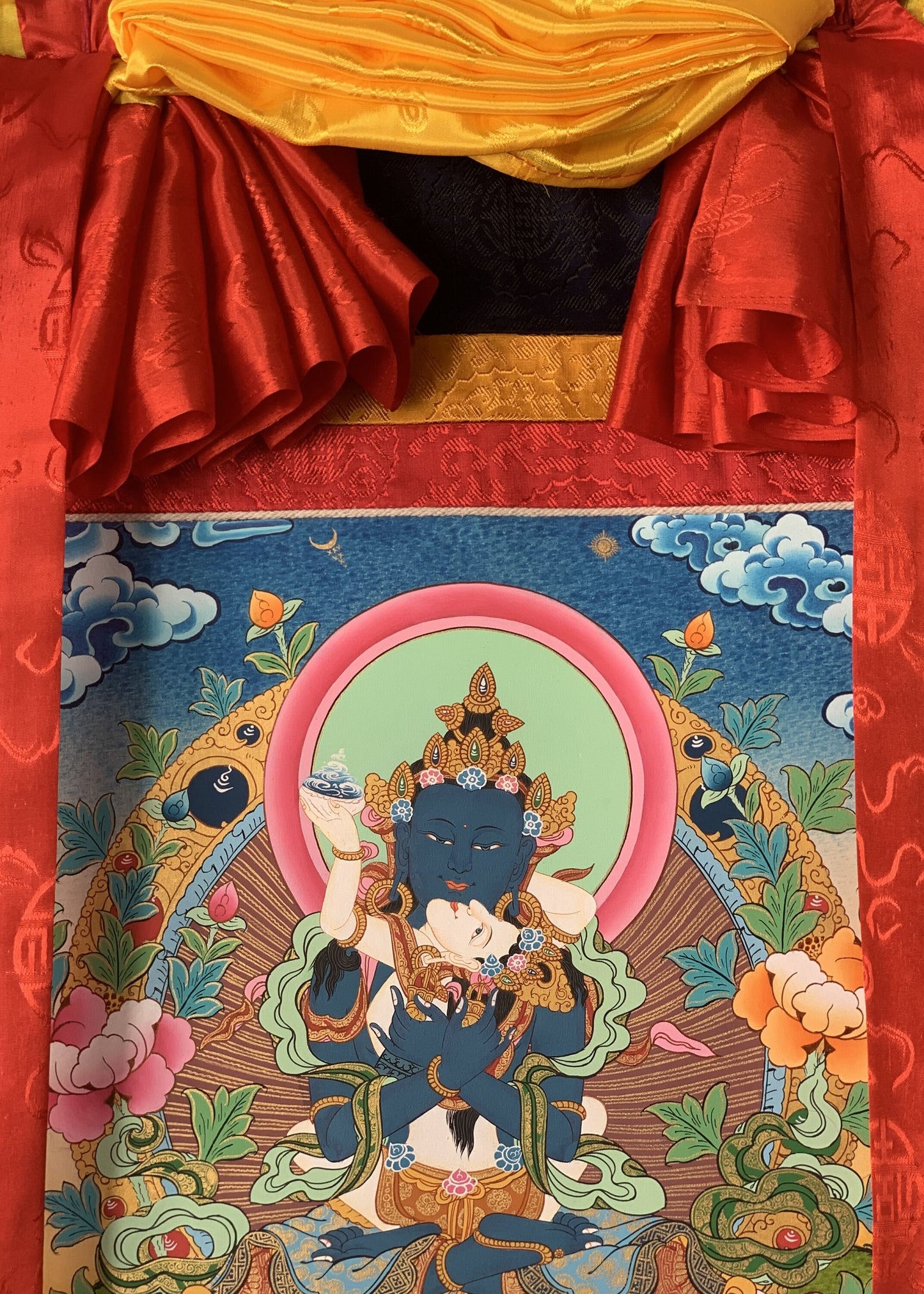 Original Hand-painted Vajradhara Shakti  Prajnaparamita YabYum Tibetan Thangka Painting with Premium Cotton Silk Border