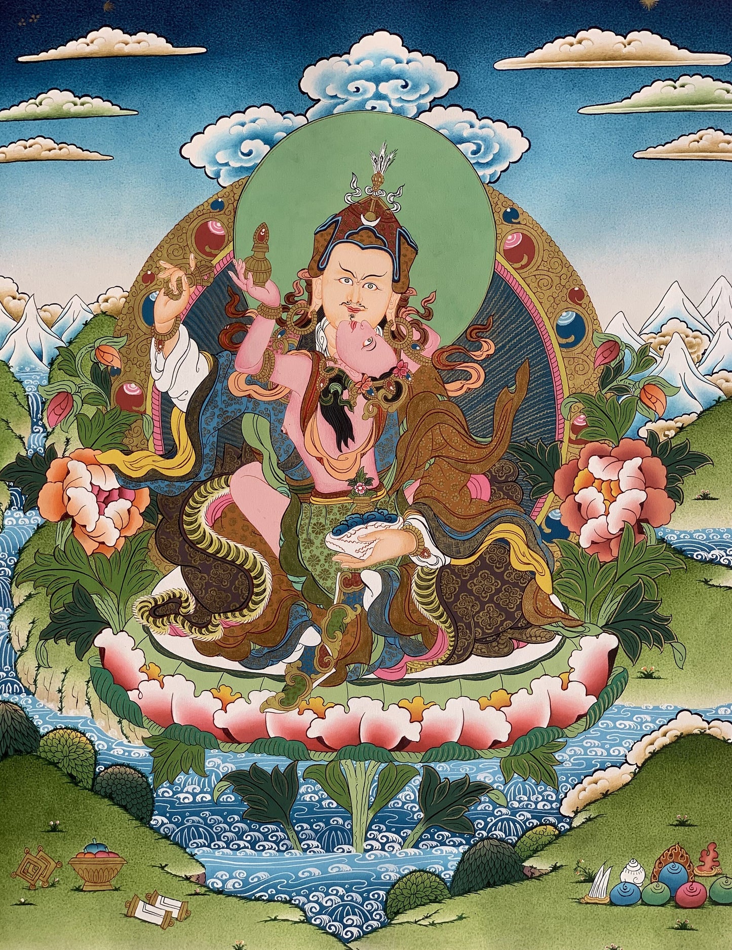 Original Hand-painted Master Quality Padmasambhava, Guru Shakti, Guru Rinpoche, With Consort Mandarava Tibetan Thangka Painting From Nepal