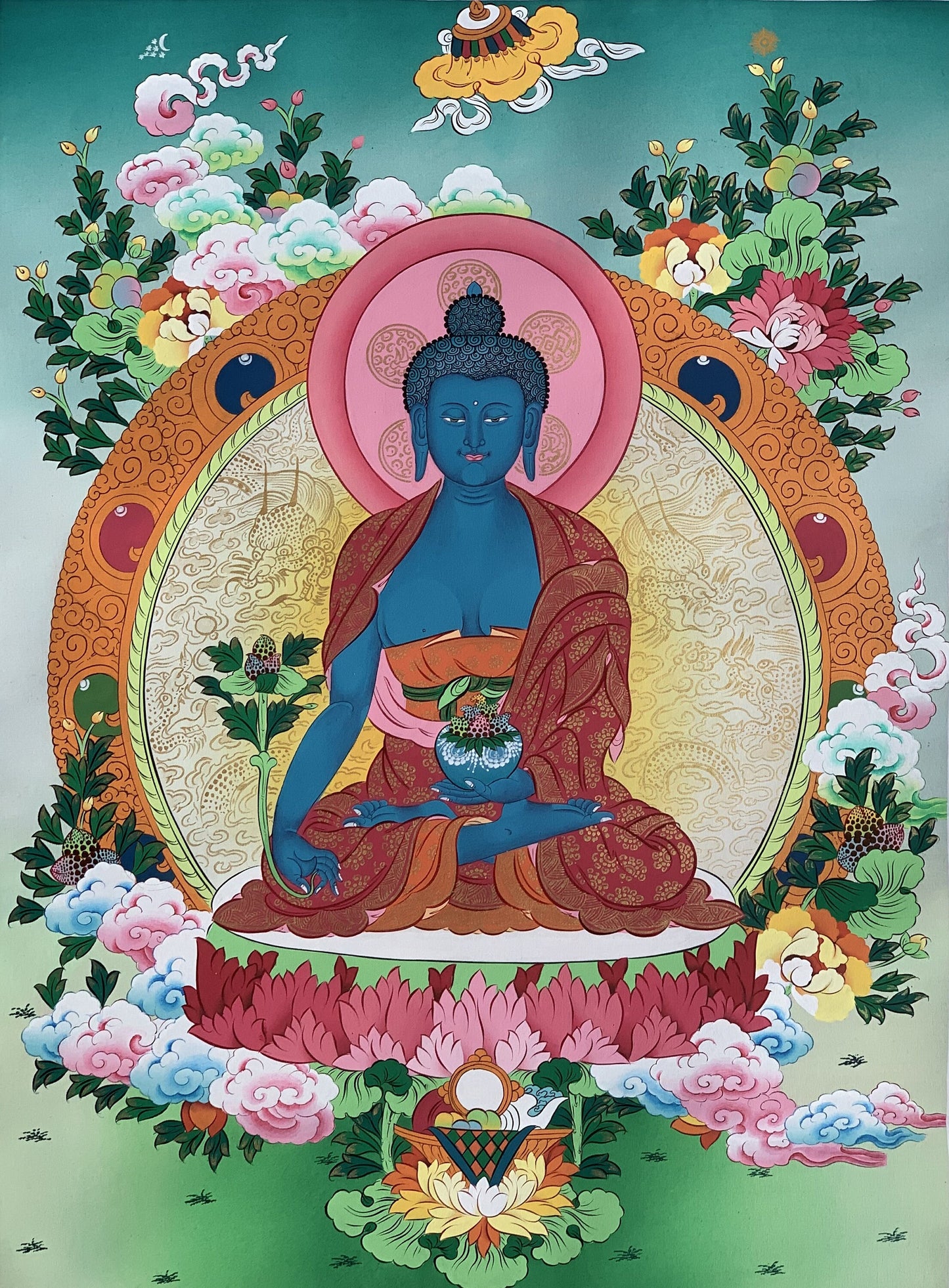 Original Hand Painted Medicine Buddha / Bhaisajyaguru Masterpiece Master Quality Tibetan Thangka / Thanka Painting Compassion Meditation Art