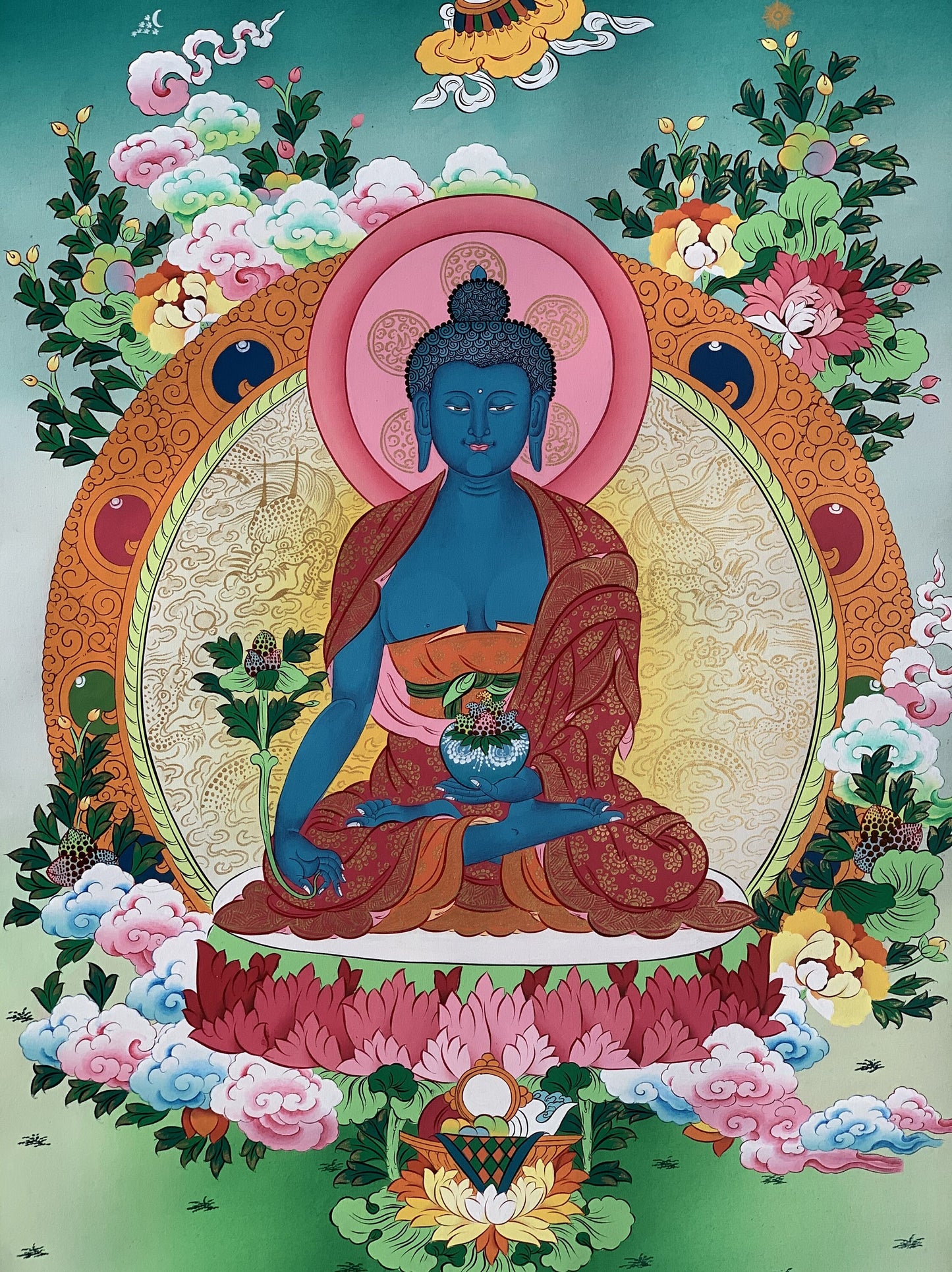 Original Hand Painted Medicine Buddha / Bhaisajyaguru Masterpiece Master Quality Tibetan Thangka / Thanka Painting Compassion Meditation Art