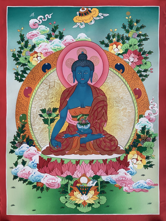 Original Hand Painted Medicine Buddha / Bhaisajyaguru Masterpiece Master Quality Tibetan Thangka / Thanka Painting Compassion Meditation Art