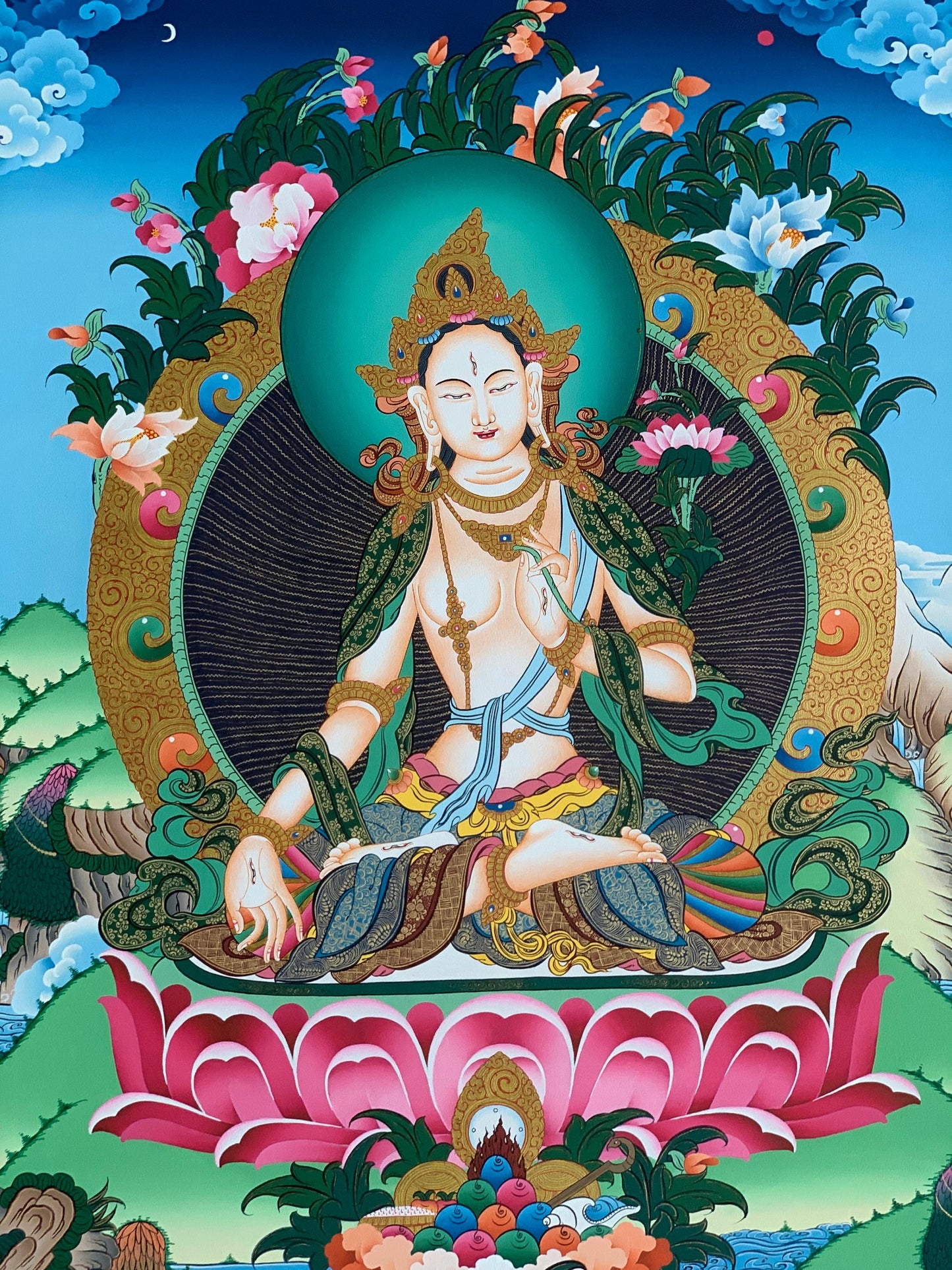 Hand painted Original White Tara / Mother Tara Masterpiece 24 K Gold Tibetan Thanka / Thangka / Painting Compassion Meditation Art