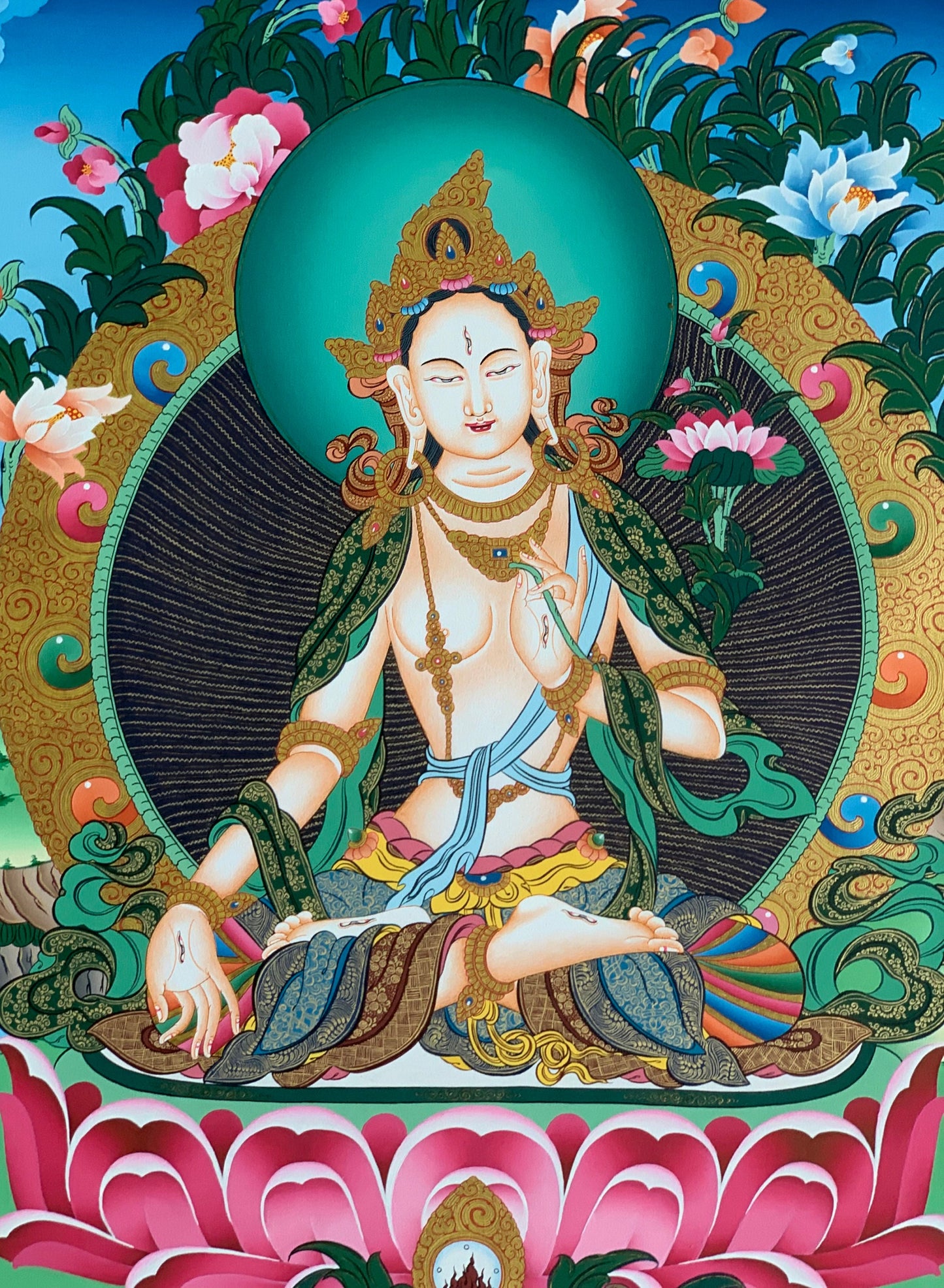 Hand painted Original White Tara / Mother Tara Masterpiece 24 K Gold Tibetan Thanka / Thangka / Painting Compassion Meditation Art