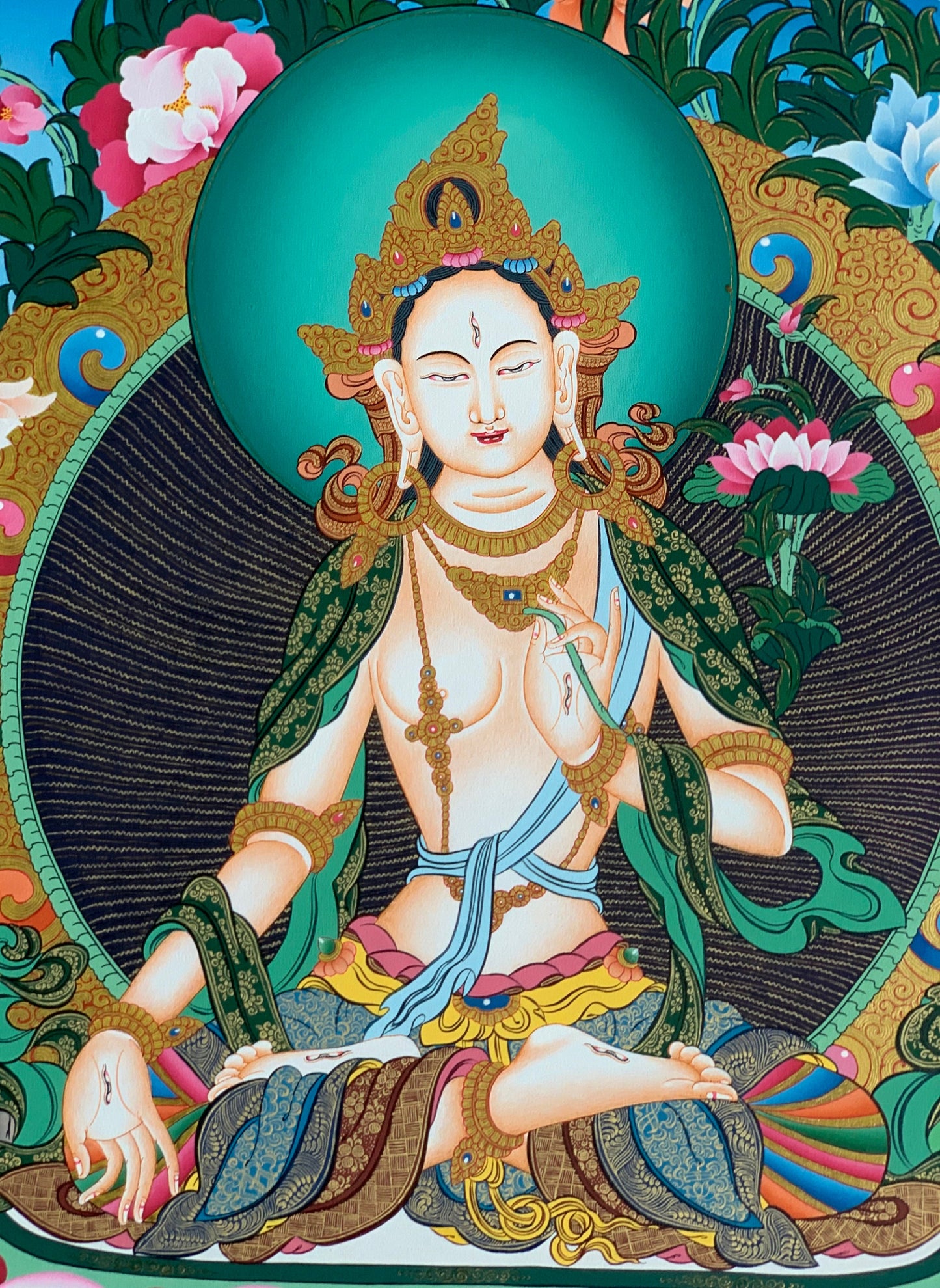 Hand painted Original White Tara / Mother Tara Masterpiece 24 K Gold Tibetan Thanka / Thangka / Painting Compassion Meditation Art