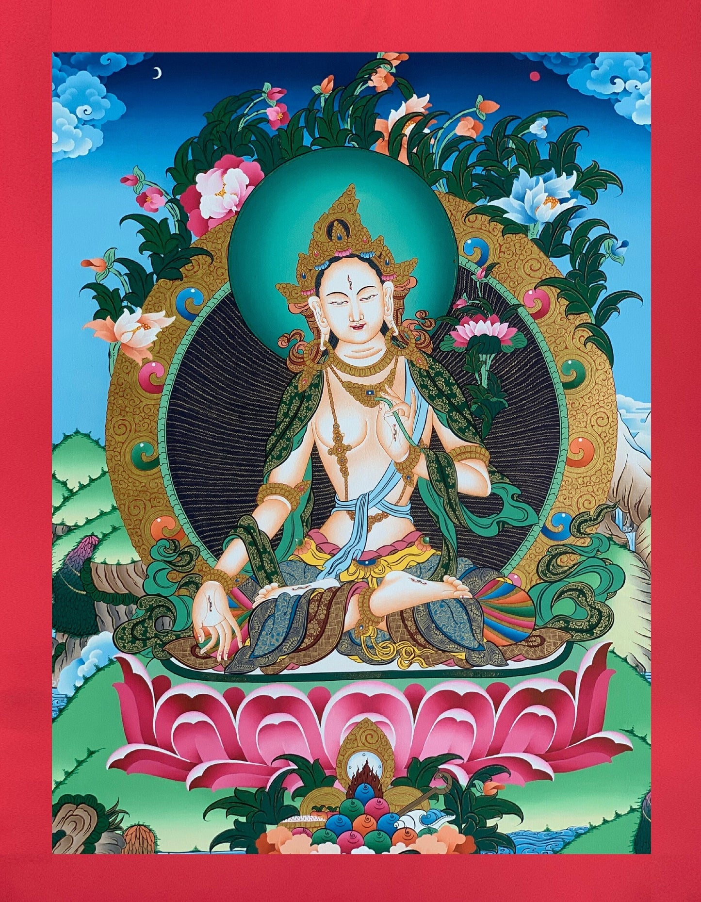 Hand painted Original White Tara / Mother Tara Masterpiece 24 K Gold Tibetan Thanka / Thangka / Painting Compassion Meditation Art