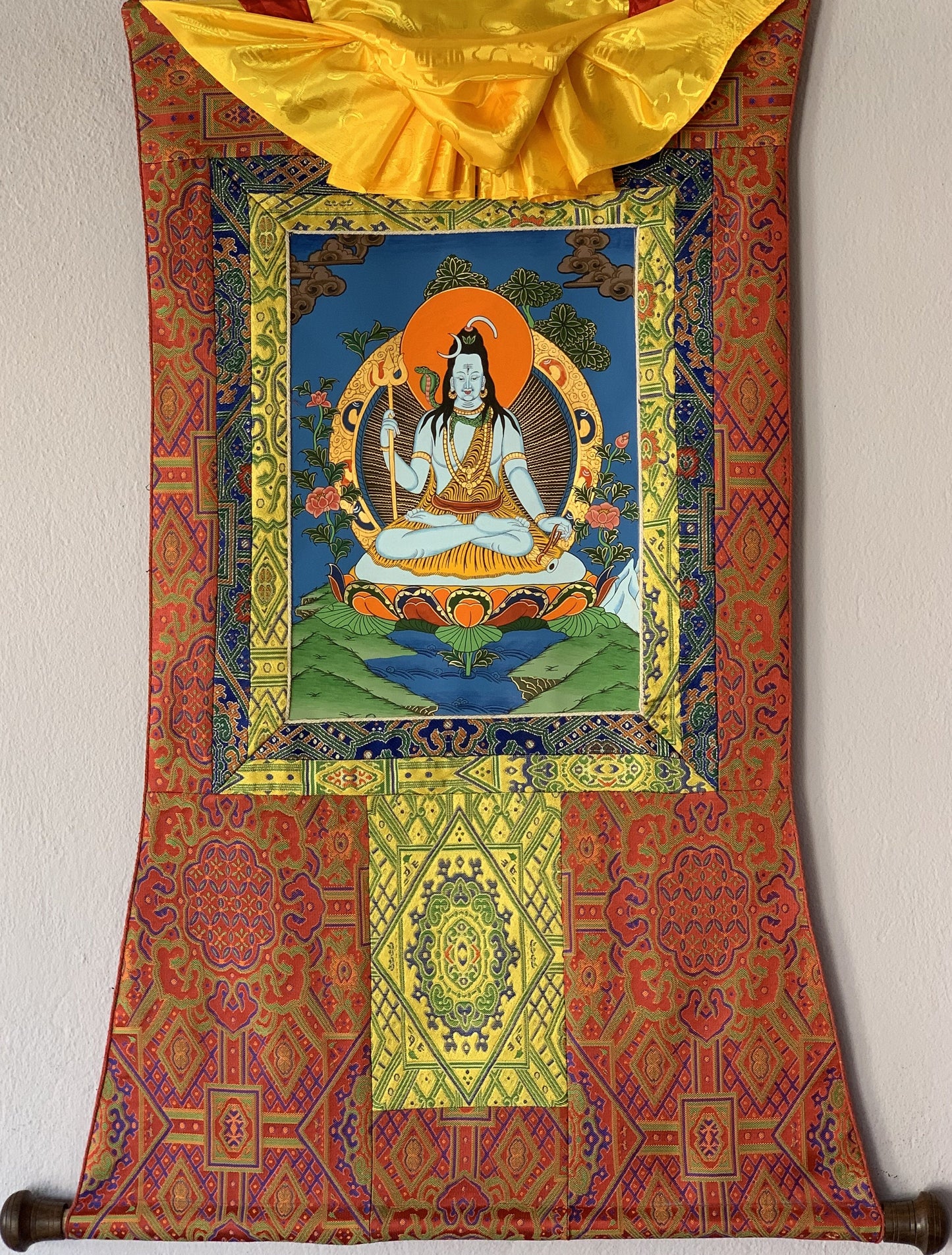 Hand-painted Lord Shiva, Shankar, Mahadev, Original Thangka Painting Hindu Art with Silk Brocade