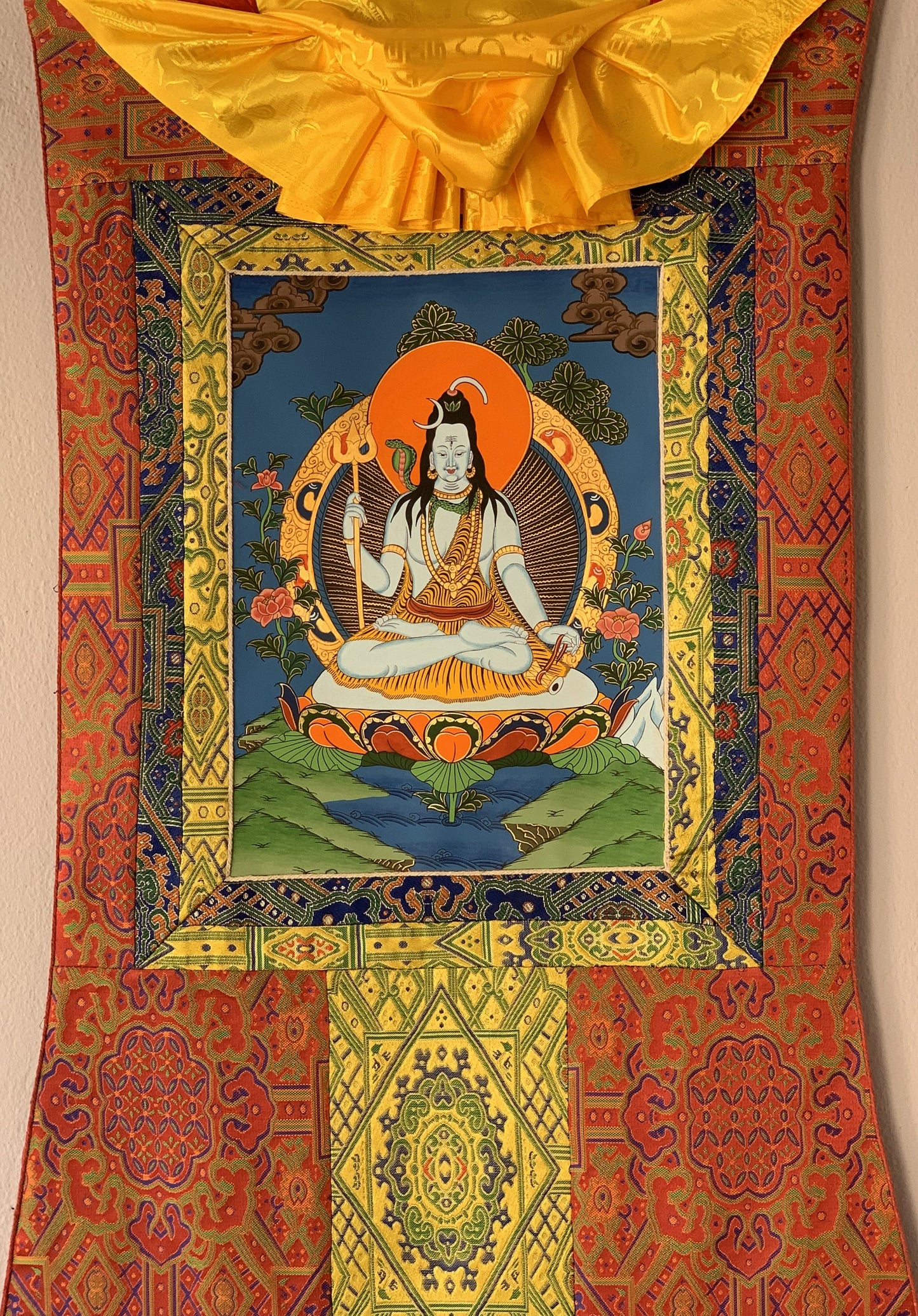 Hand-painted Lord Shiva, Shankar, Mahadev, Original Thangka Painting Hindu Art with Silk Brocade