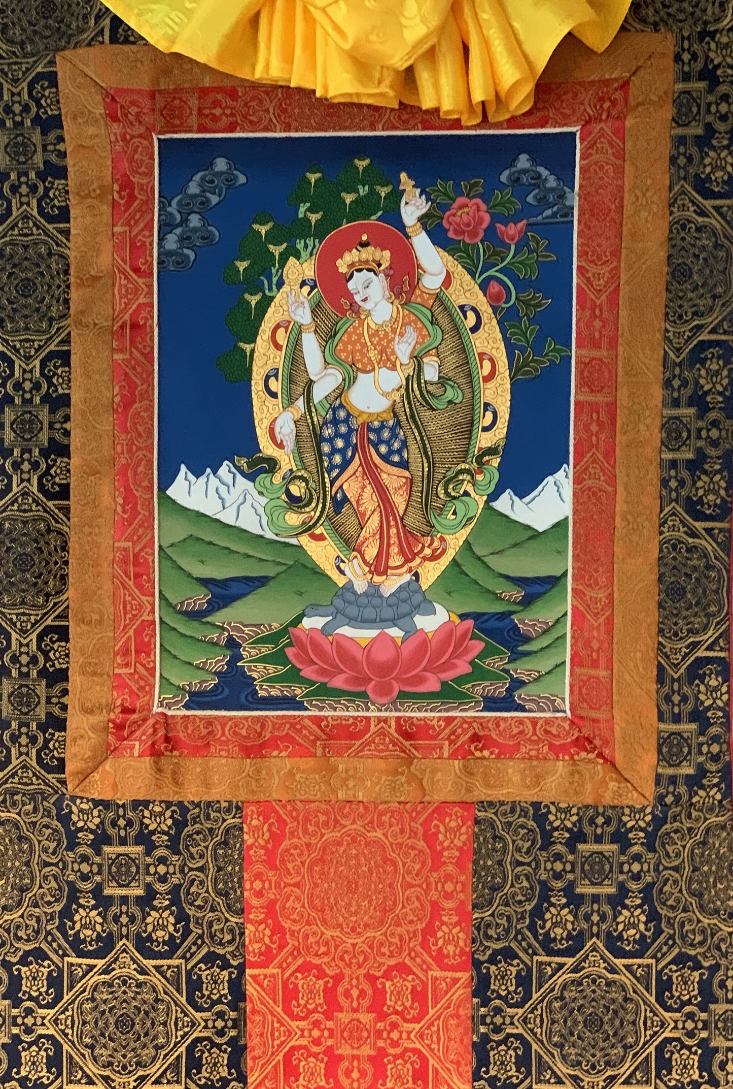 Original Hand Painted Standing Laxmi / Hindu Goddess Of Wealth Thangka / Thanka Painting Bordered With Premium Silk From Nepal