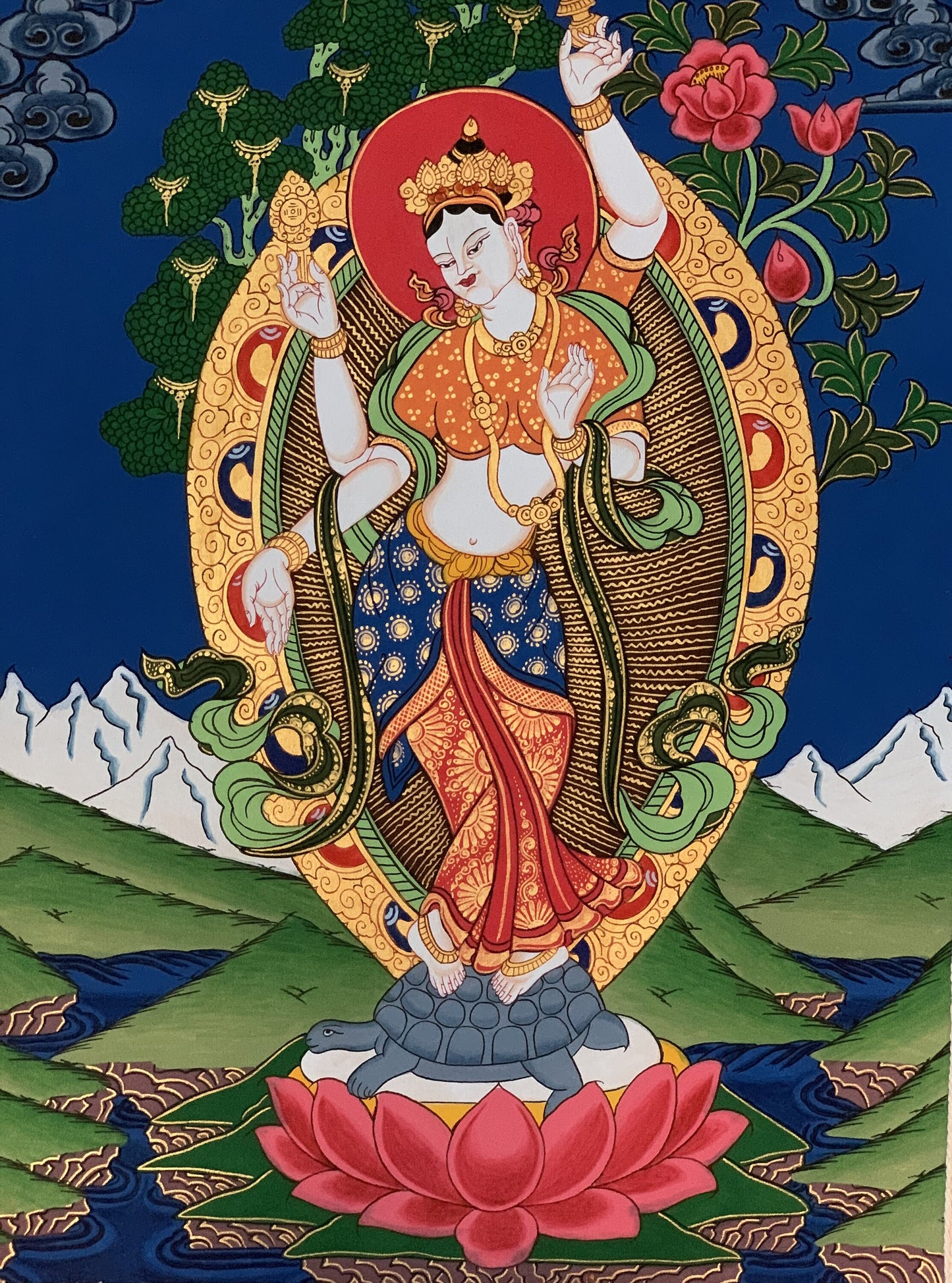 Original Hand Painted Standing Laxmi / Hindu Goddess Of Wealth Thangka / Thanka Painting Bordered With Premium Silk From Nepal