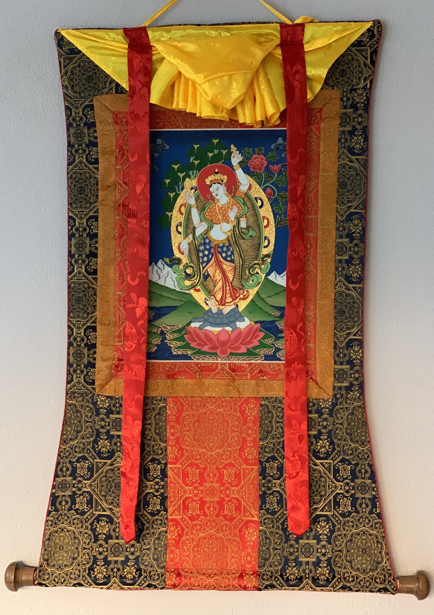 Original Hand Painted Standing Laxmi / Hindu Goddess Of Wealth Thangka / Thanka Painting Bordered With Premium Silk From Nepal