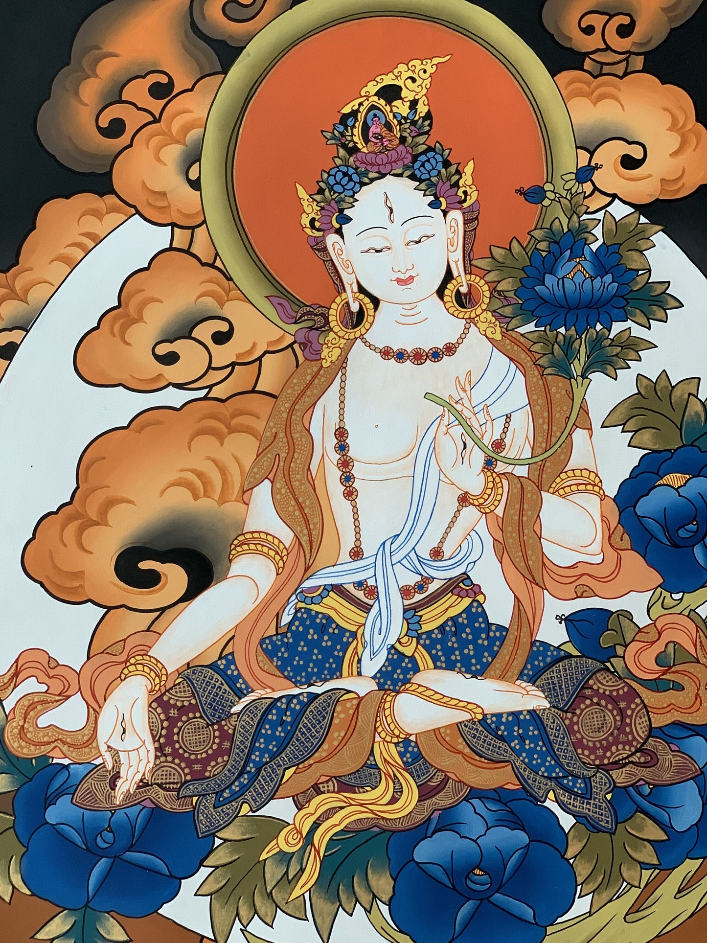 Hand painted Original White Tara / Mother Tara Goddess Masterpiece Tibetan Thanka / Thangka / Painting Compassion Meditation Art From Nepal