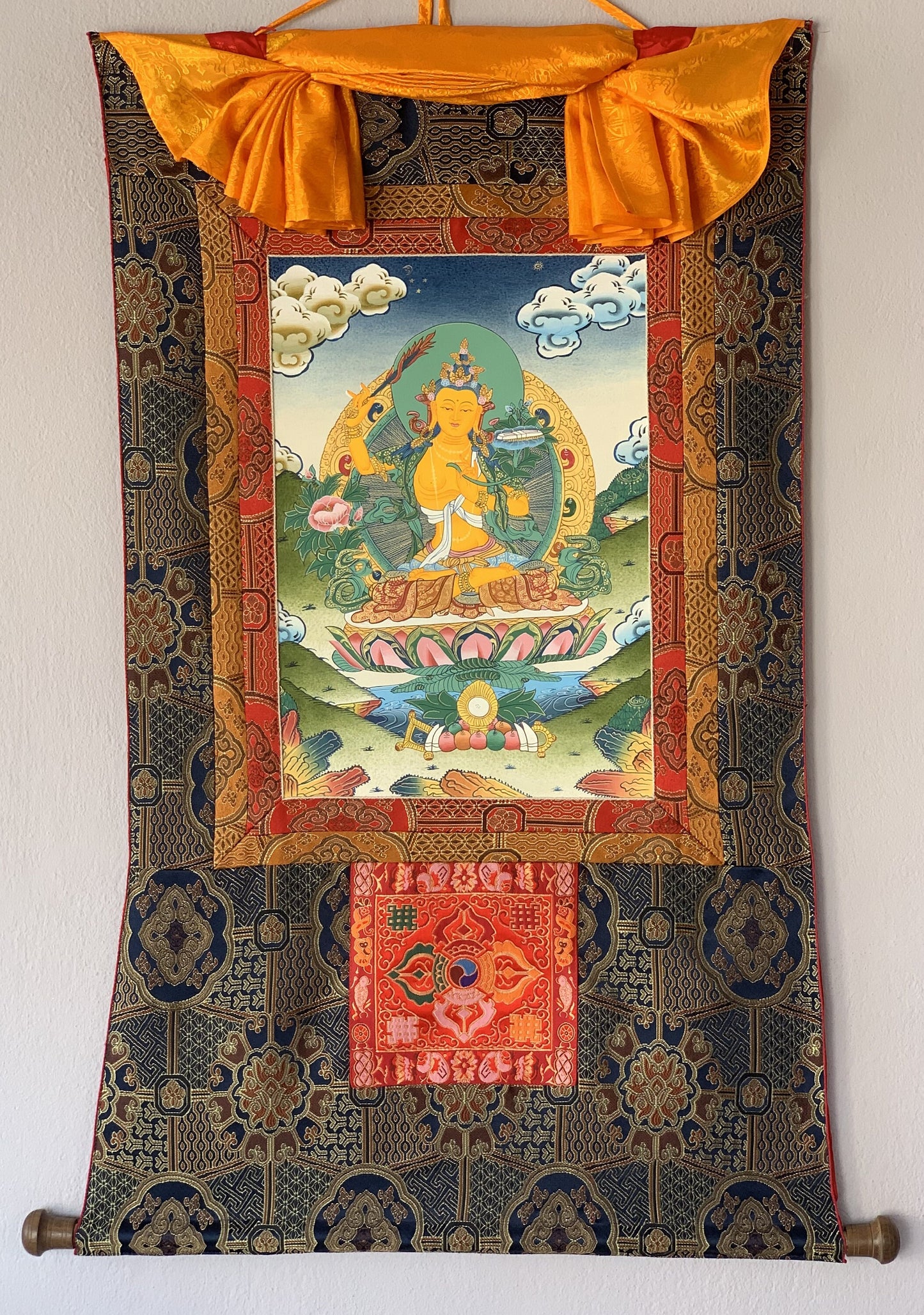 Hand painted Original Master Quality  Manjushree / Jampelyang/ God Of Wisdom Tibetan Thanka / Thangka / Painting  With Silk Brocade