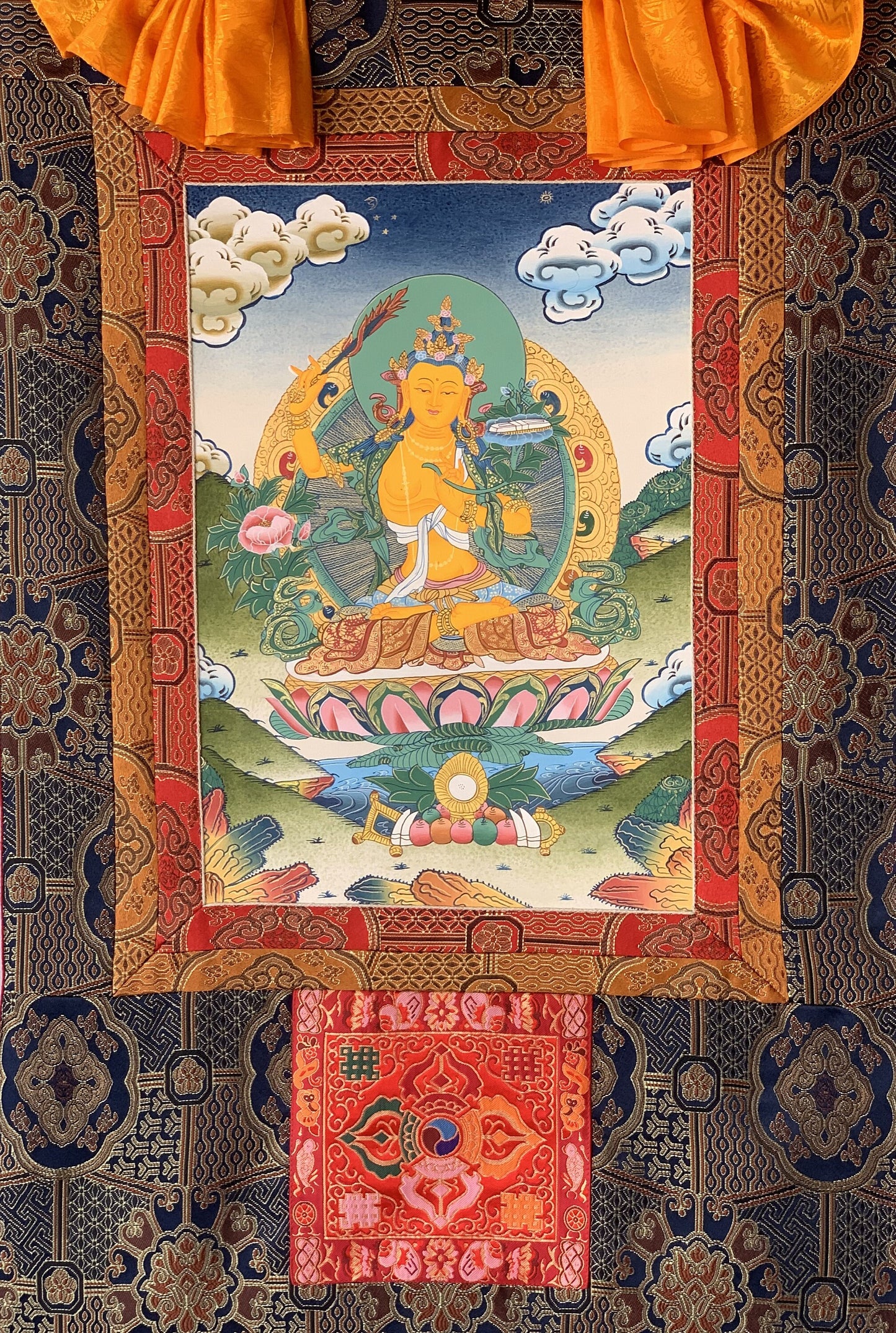 Hand painted Original Master Quality  Manjushree / Jampelyang/ God Of Wisdom Tibetan Thanka / Thangka / Painting  With Silk Brocade