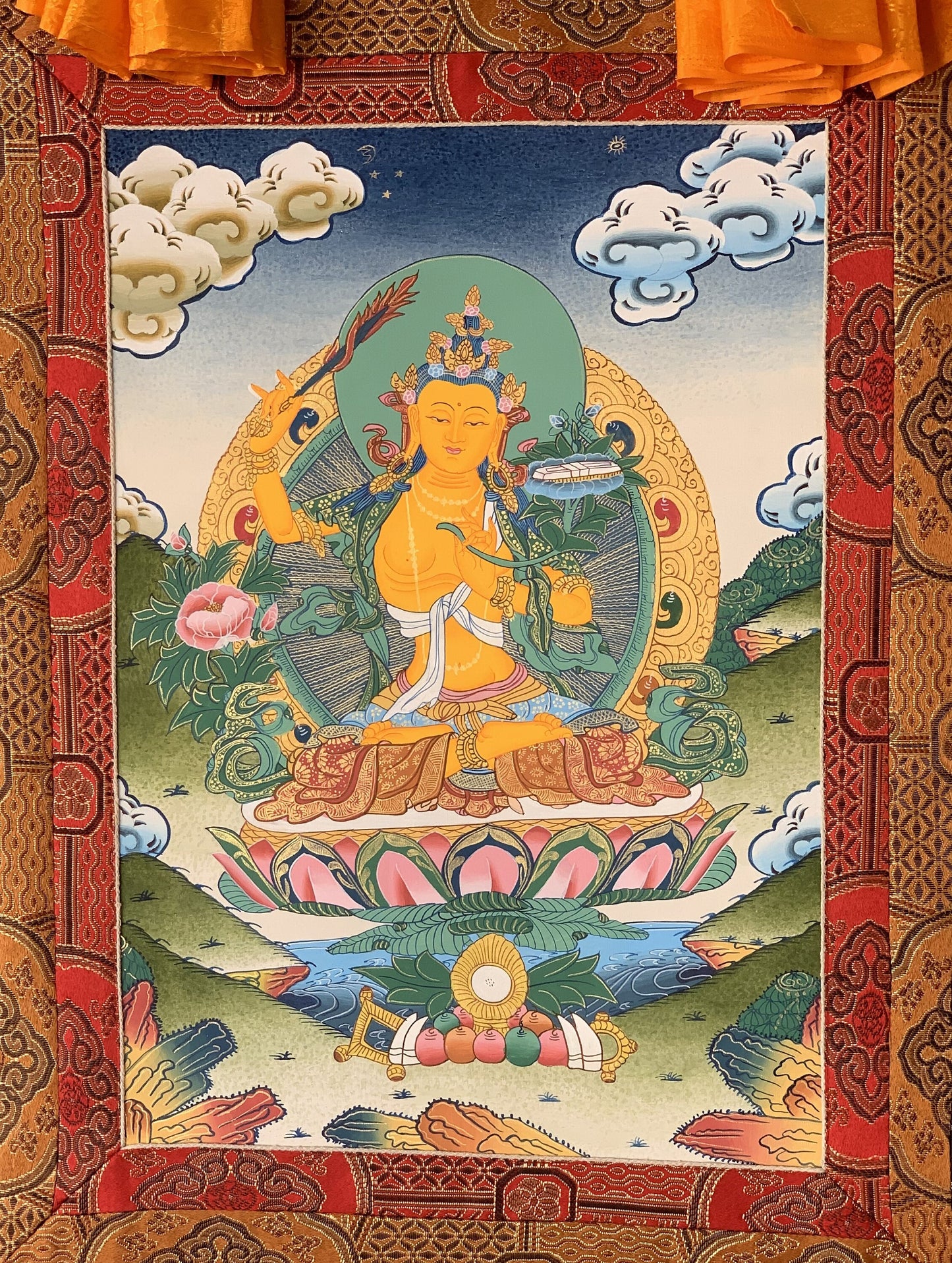 Hand painted Original Master Quality  Manjushree / Jampelyang/ God Of Wisdom Tibetan Thanka / Thangka / Painting  With Silk Brocade