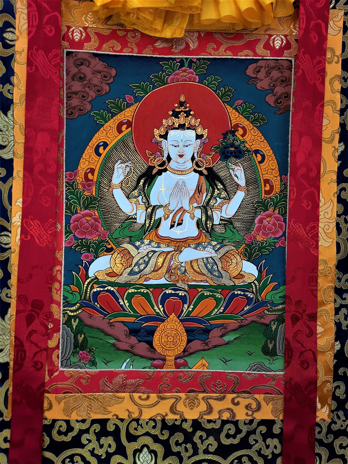 Original Hand Painted  Chenrezig  / Compassion Buddha  Tibetan  Meditation Wall hanging Thangka / Thanka  Painting With  Silk Framed